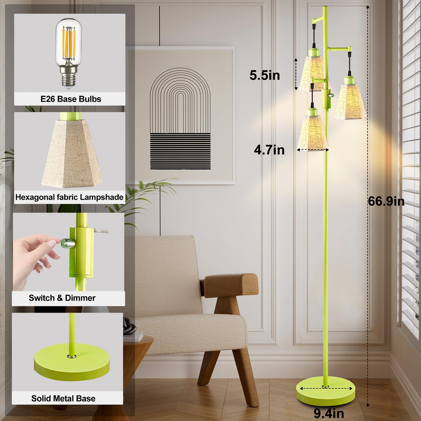 Lightdot 67In Industrial Tree Floor Lamp, Dimmable (Brightness Adjustable) Mid Century Standing Lamps With E26 Led Bulbs Include