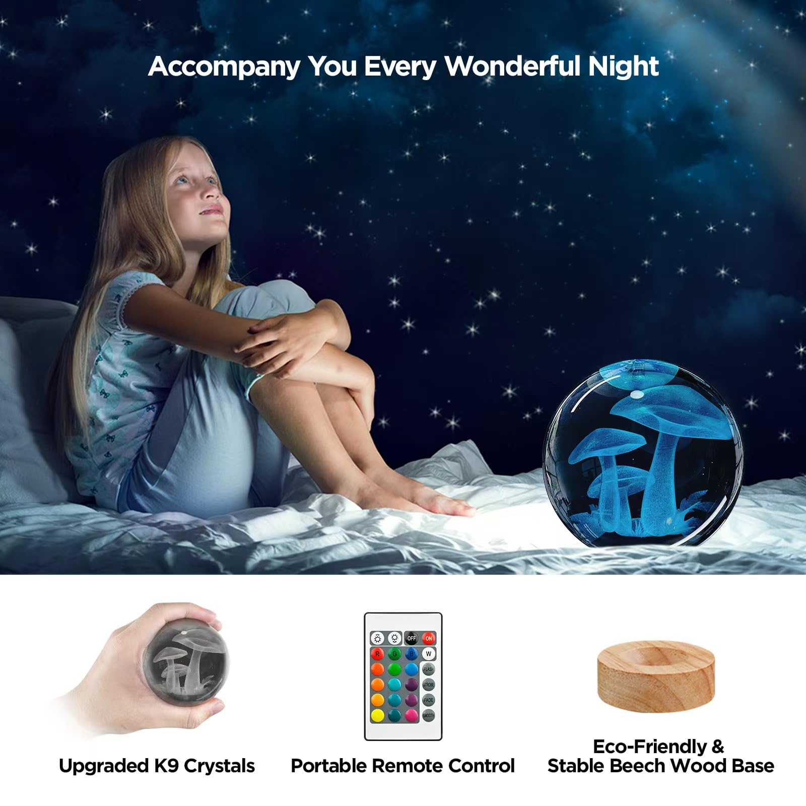 3D Mushroom Crystal Ball Night Light With Remote Upgraded 3.15 In Mushroom Glass Ball Table Lamps With 16 Color Led Wooden Base
