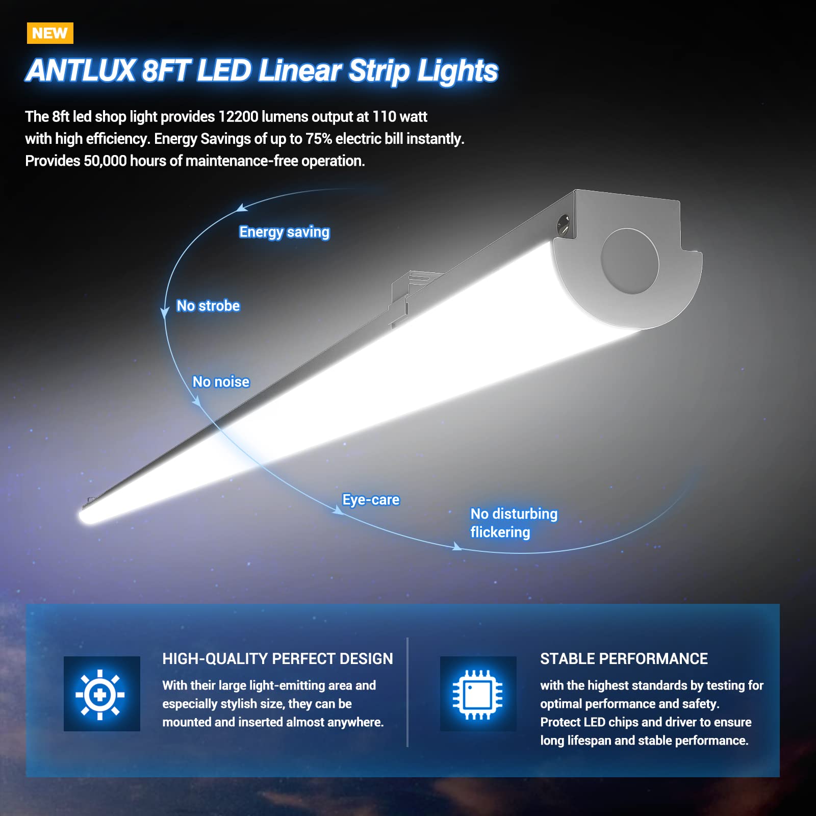 Antlux 110W Led Linear Strip Lights 8Ft Led Shop Lights, 12000 Lumens, 5000K, 8 Foot Garage Lights, Surface Mount And Hanging Ce