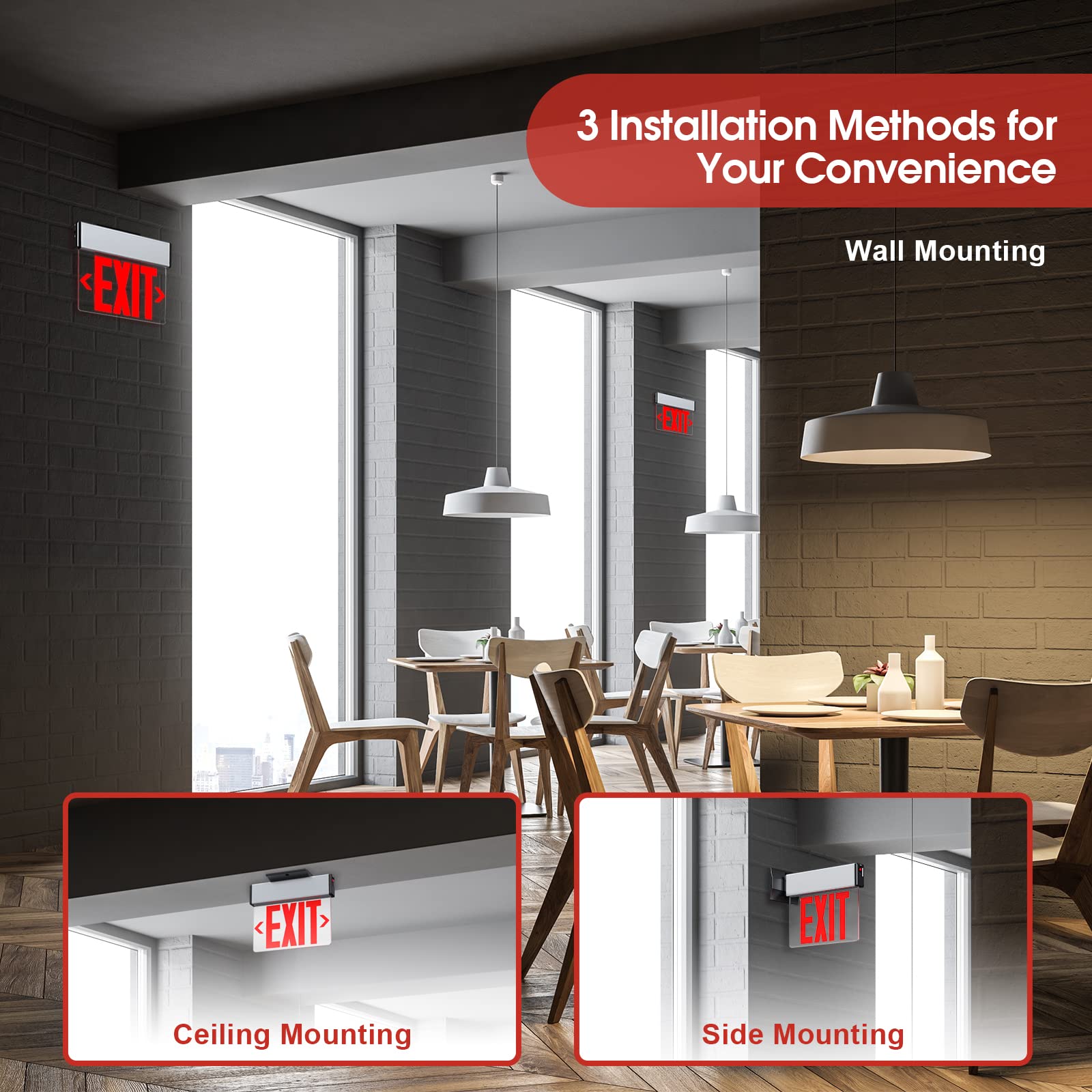Led Edge Lit Exit Sign Aluminum Housing Ac 120-347V Emergency Exit Light With Battery Backup Single Sided Acrylic Clear Panel Commercial Exit Signs, Top/Side/Wall Mount, Ul Certified (1 Pack, Red)