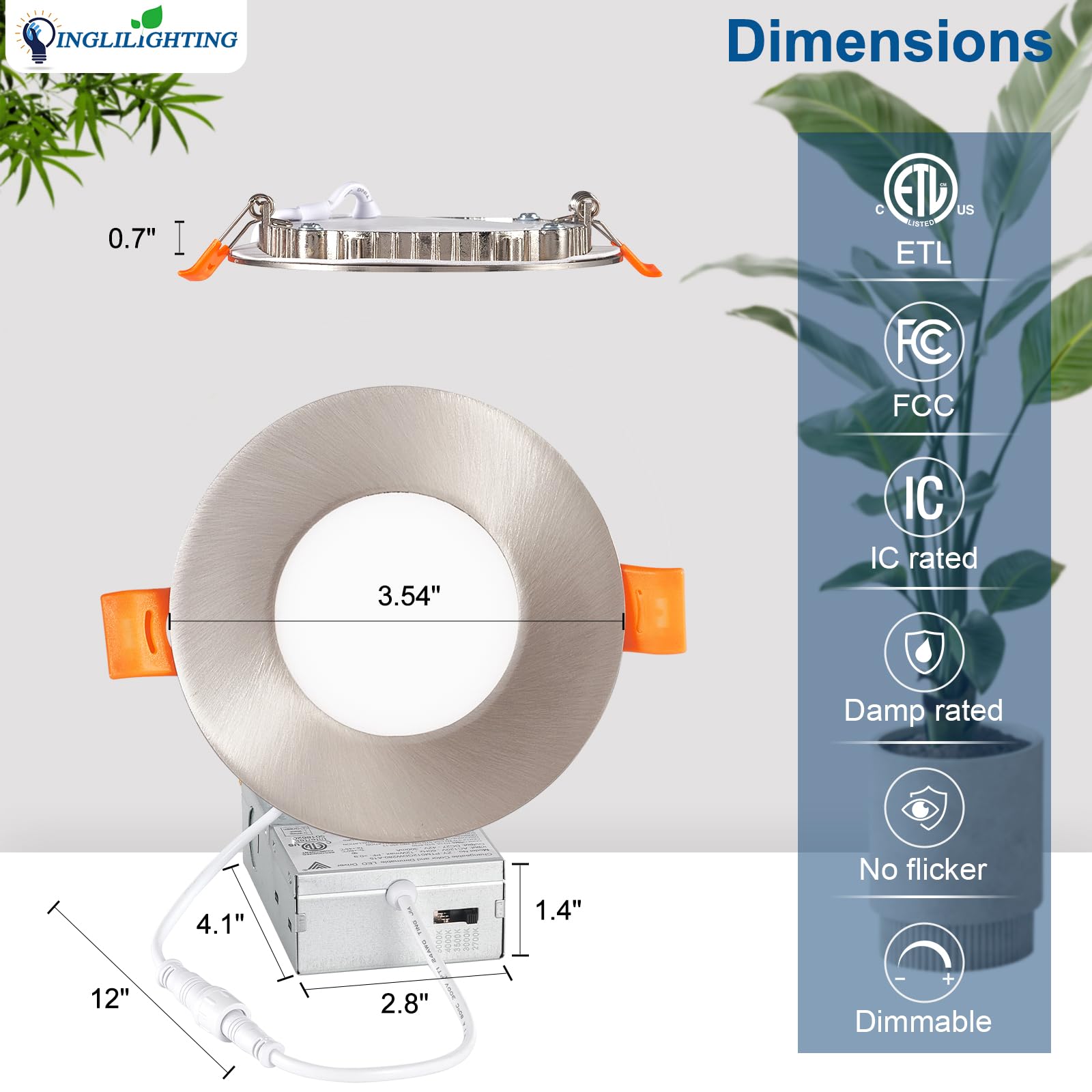 Dllt Led Recessed Ceiling Lights: 12 Pack 3 Inch 5Cct Ultra-Thin Lighting With Junction Box For Bedroom - 600Lm Brightness 6W Eqv 50W Dimmable Canless Wafer Downlight With Etl&Fcc-Nickel Brush