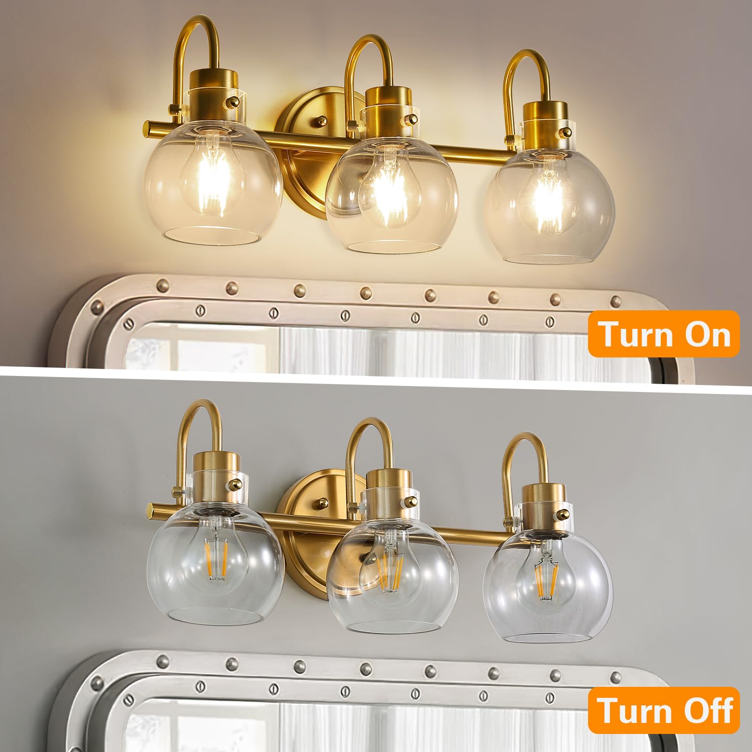 Apenath 3-Light Vanity Light, Brushed Brass Bathroom Fixture With Clear Glass Shade