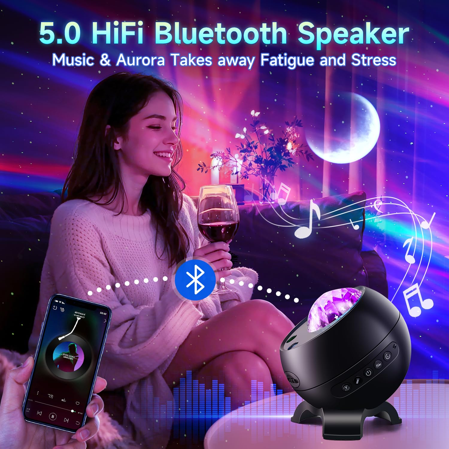 One Fire Galaxy Projector - 21 Colors, 15 White Noise, Bluetooth, Remote - Model WH-E12A, Black