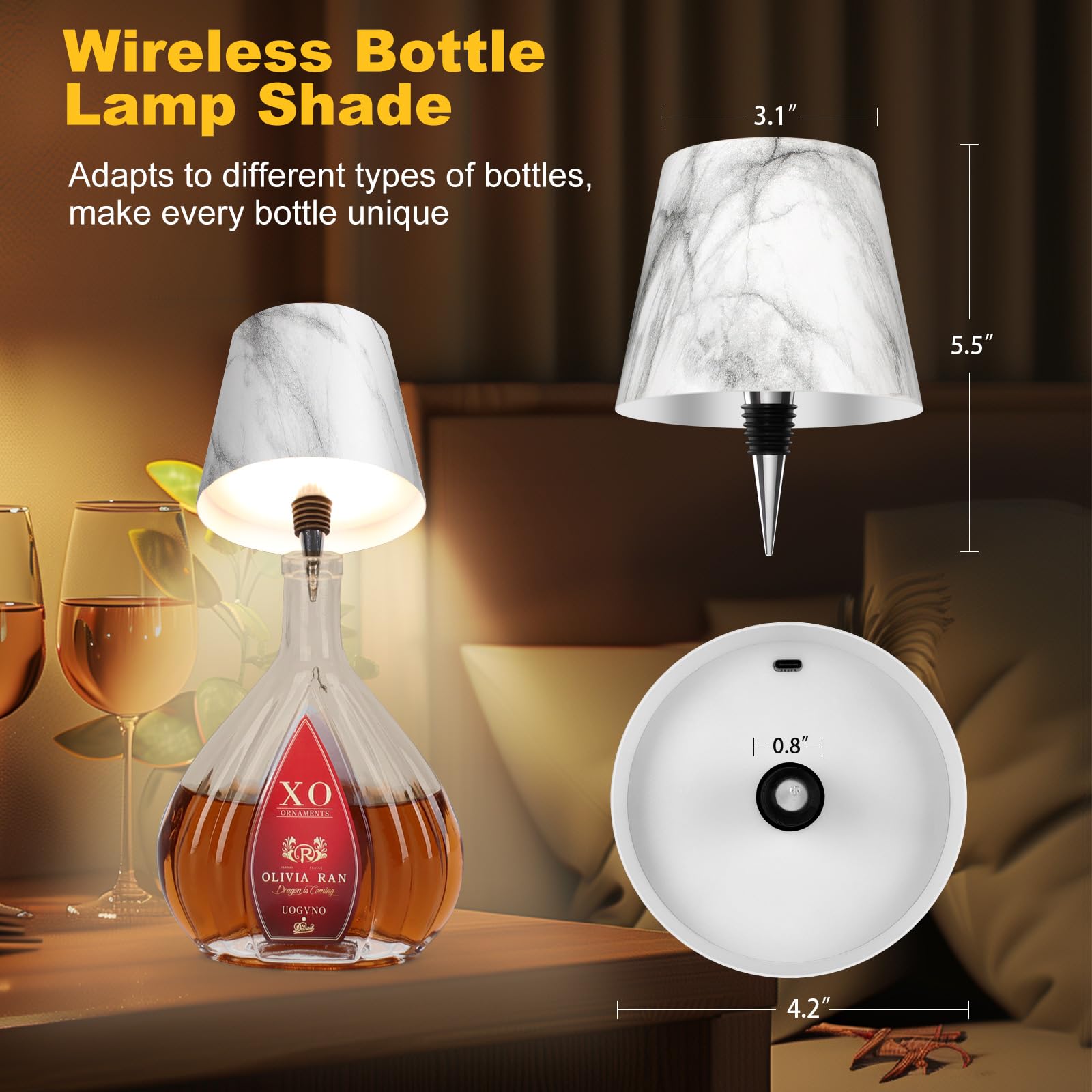 Soudfk Wireless Bottle Lamp,2025 New 3 Color Rechargeable Wine Bottle Lights For Bars Restaurants (Marble Color)