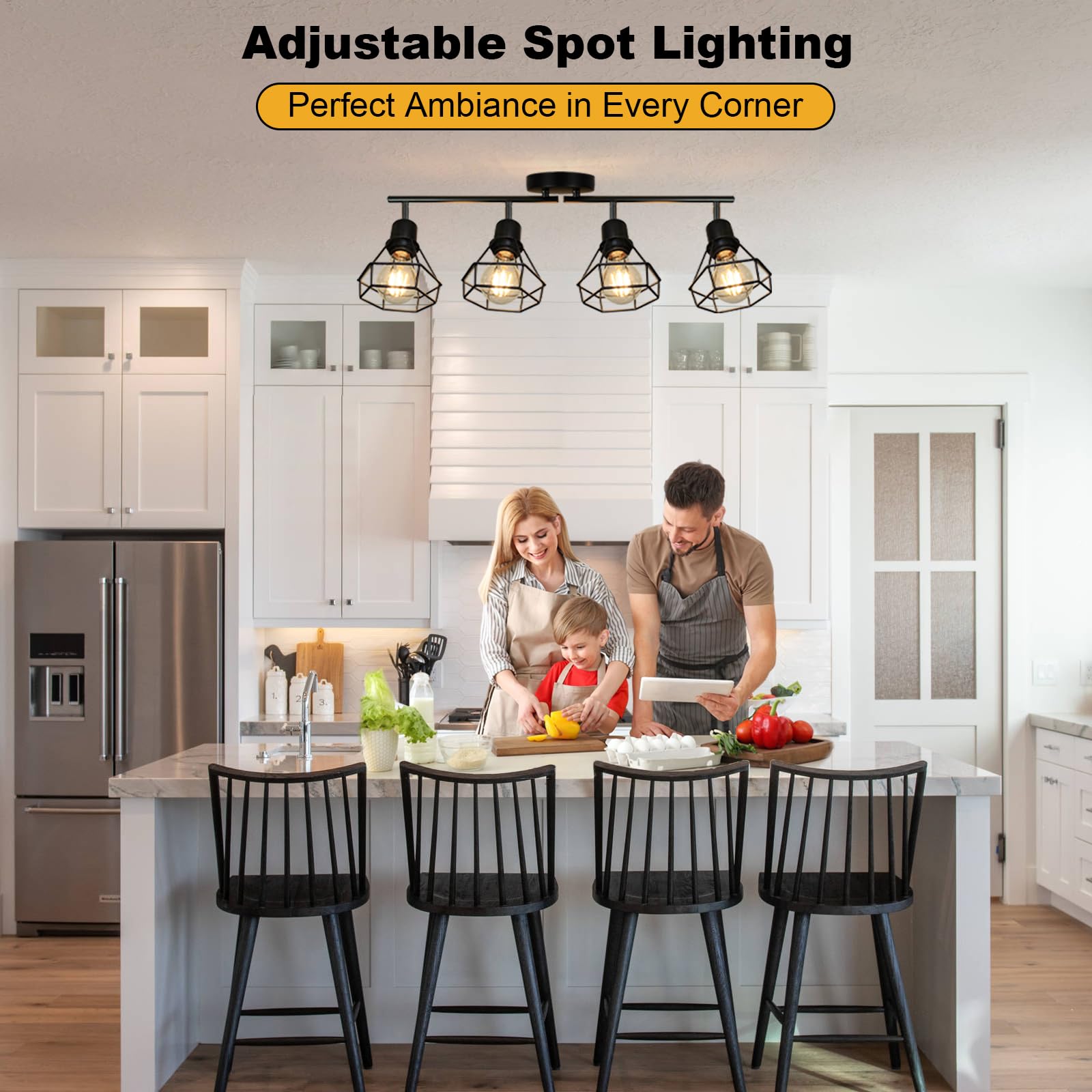 Hibay 4-Light Track Lighting Farmhouse  Industrial Directional Ceiling Track Light Fixtures  Black Geometric Cage Spotlight Indoor For Kitchen  Bedroom  Hallway  E26 Base (Bulbs Not Included)