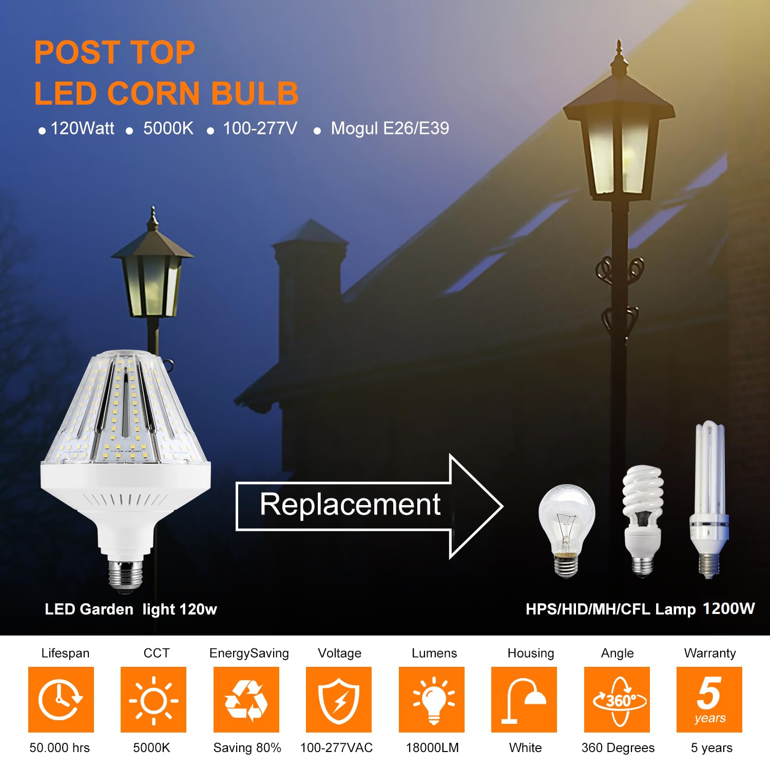1200W Equivalent Led Corn Light Bulbs,18000 Lumen Led Corn Bulb 120W 5000K Daylight White Lamp,E26/E39 Medium Mogul Base,2-Pack