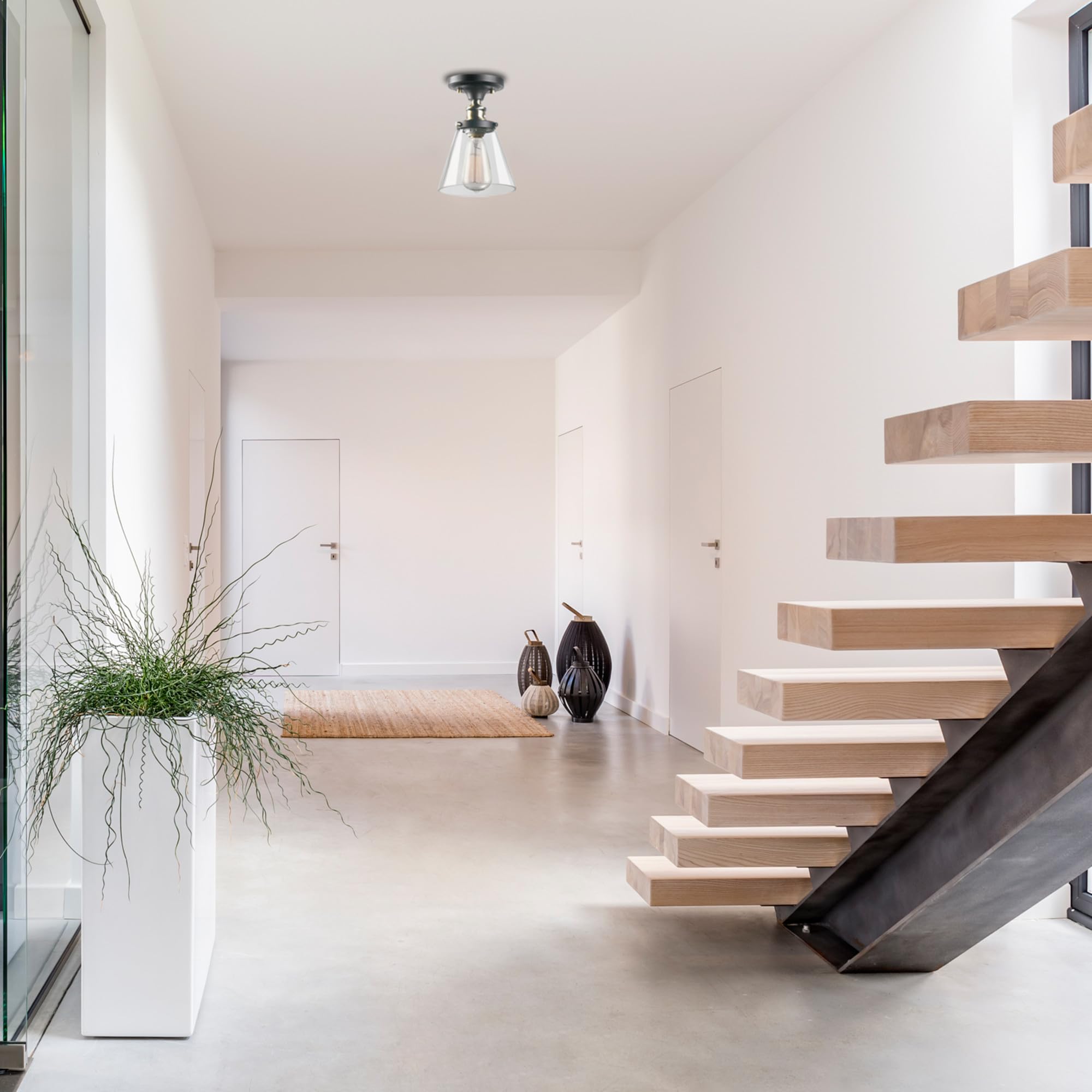 GLOBE Electric 65380 1-Light Flush Mount Ceiling Light, Dark Bronze, Antique Brass Accents, Glass Shade, Bedroom Lighting Fixtur