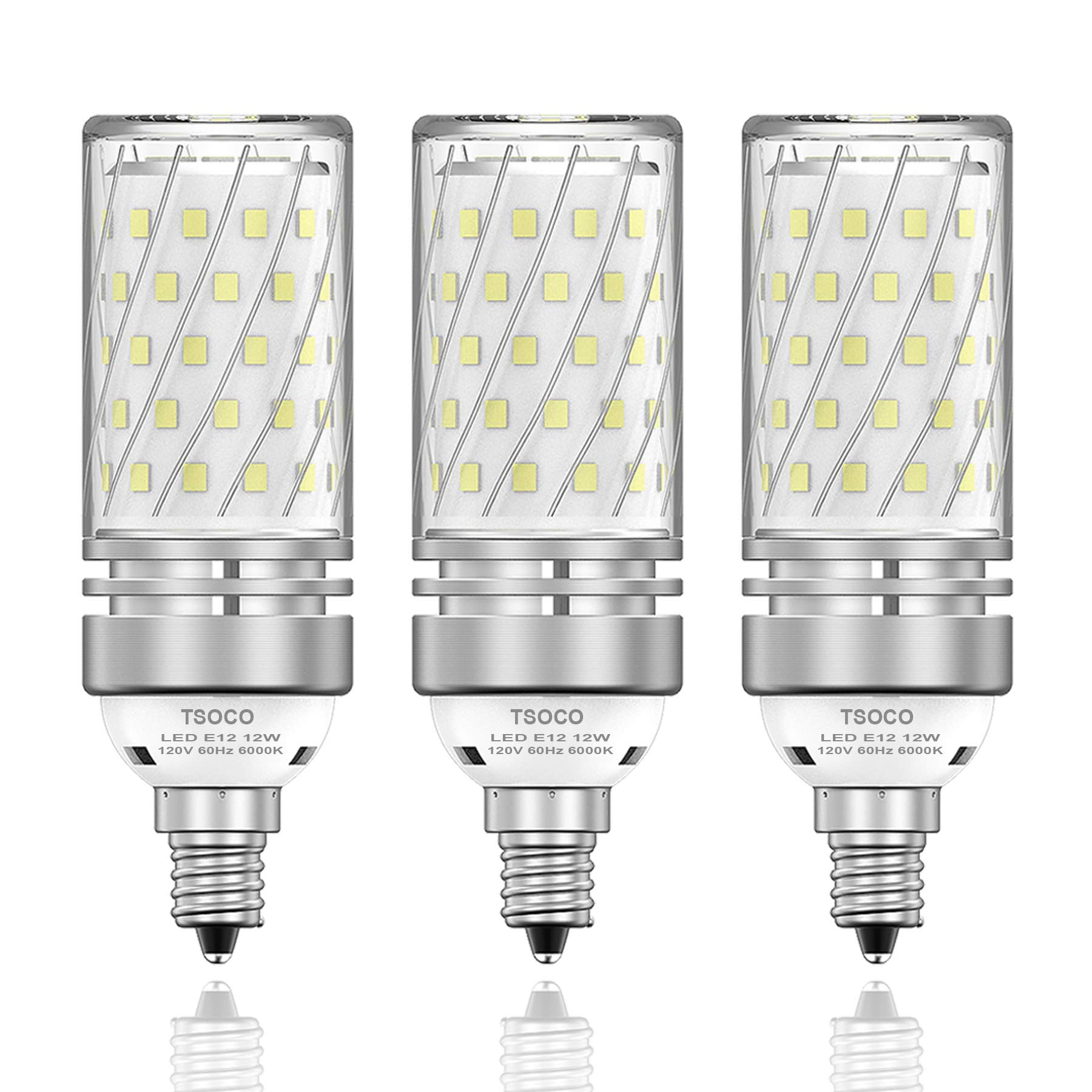 TSOCO E12 LED Bulbs, 12W Non-Dimmable Chandelier Light, 100W Equivalent, 1200LM, Pack of 3, Daylight White