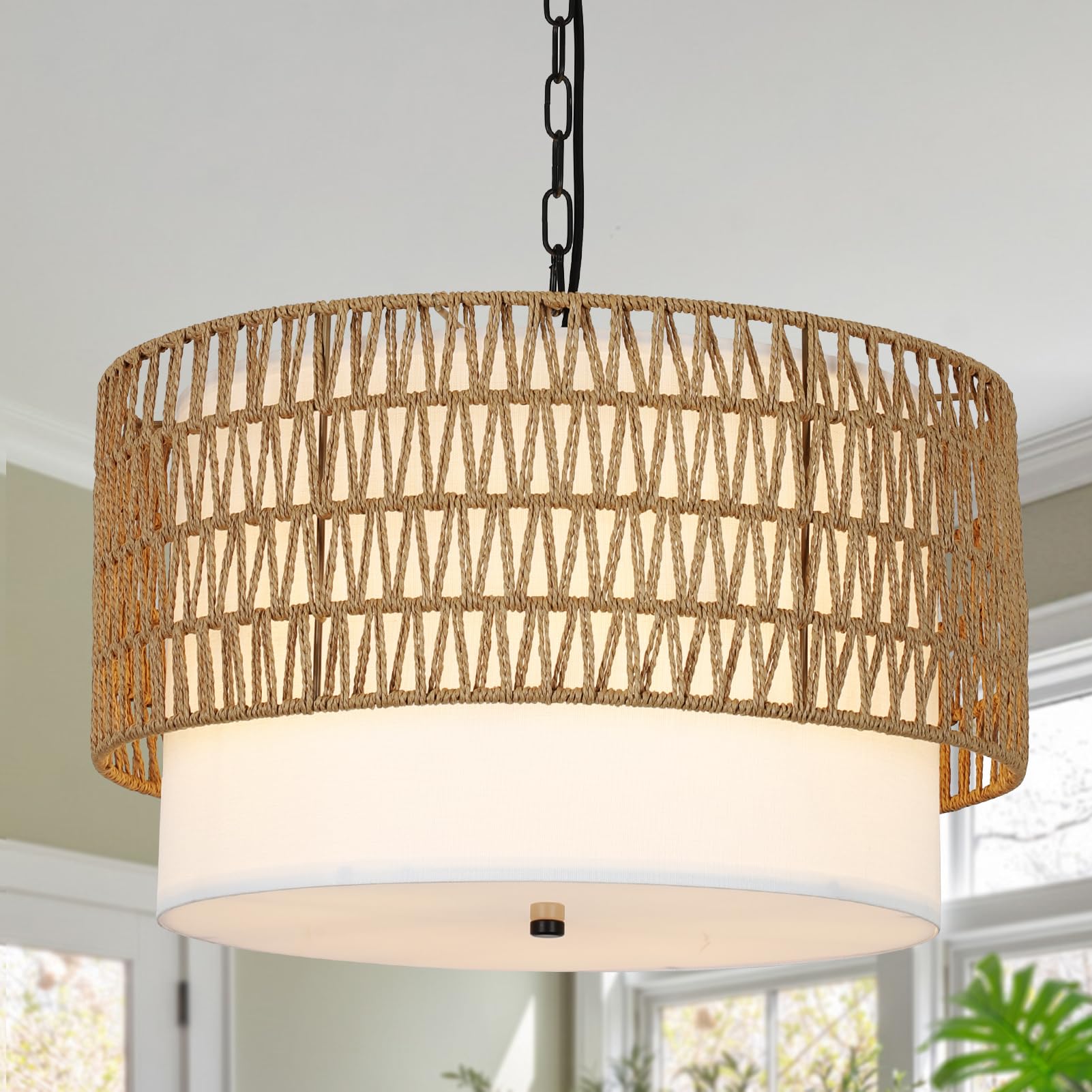 PAUFUL Farmhouse Chandeliers for Dining Room,5-Light Rattan Boho Chandelier Light Fixture with Fabric Shade,Hand Woven Large Rat