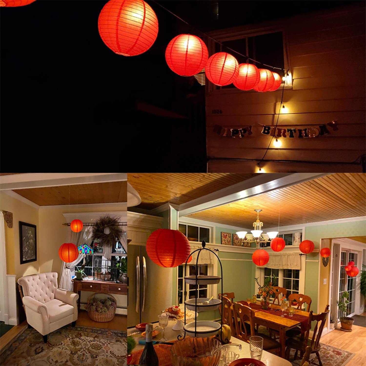 12Pcs Red Paper Lanterns With 12Pcs White Led Lights, 6&quot; 8&quot; 10&quot; 12&quot; Round Hanging Chinese/Japanese Ball Lantern For Christmas Valentine'S Day 4Th Of July Party