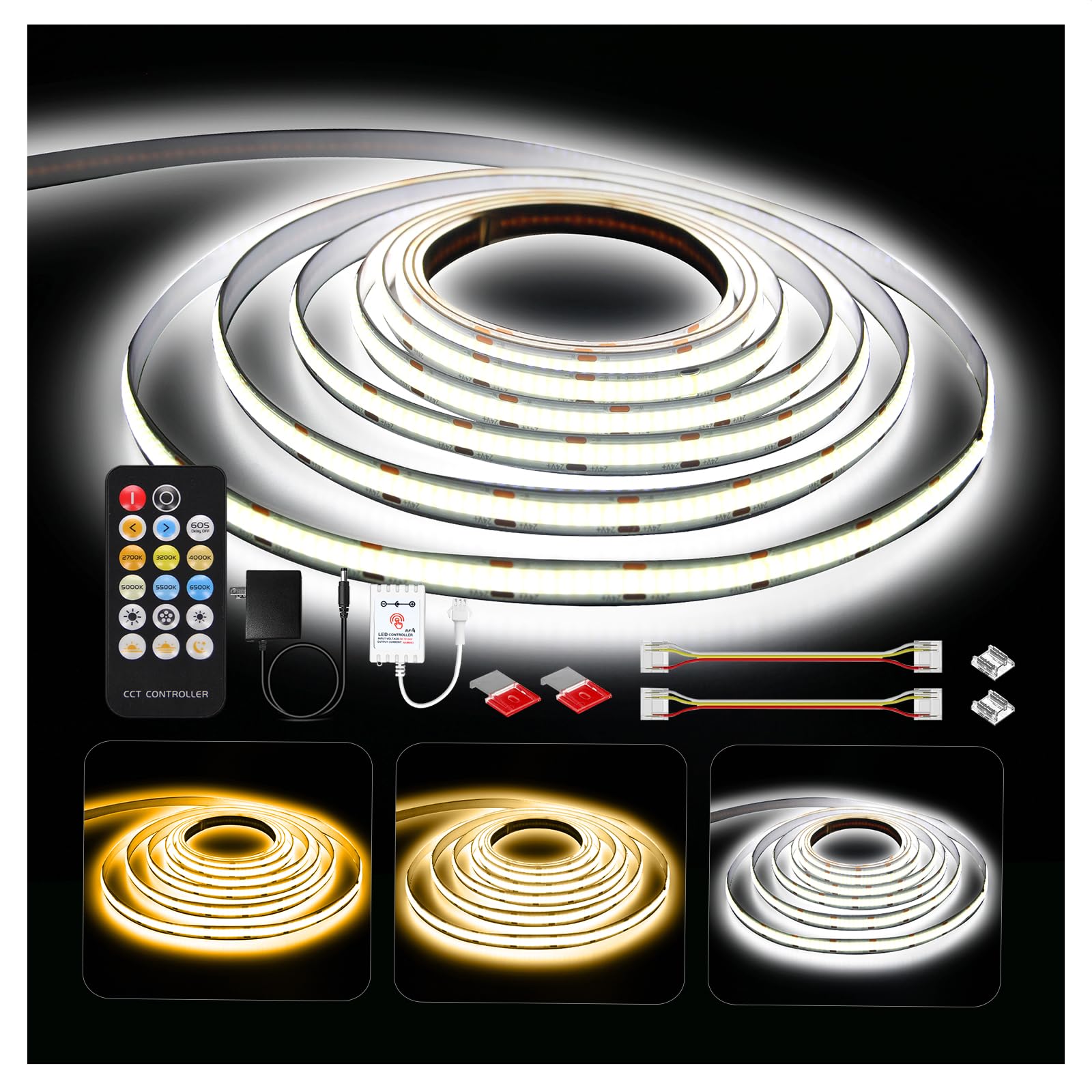 DAYBETTER COB LED Strip Lights, Tunable White 2700K-6500K, 3040 LEDs, 16.4ft, Dimmable, Model DBCOB05DW