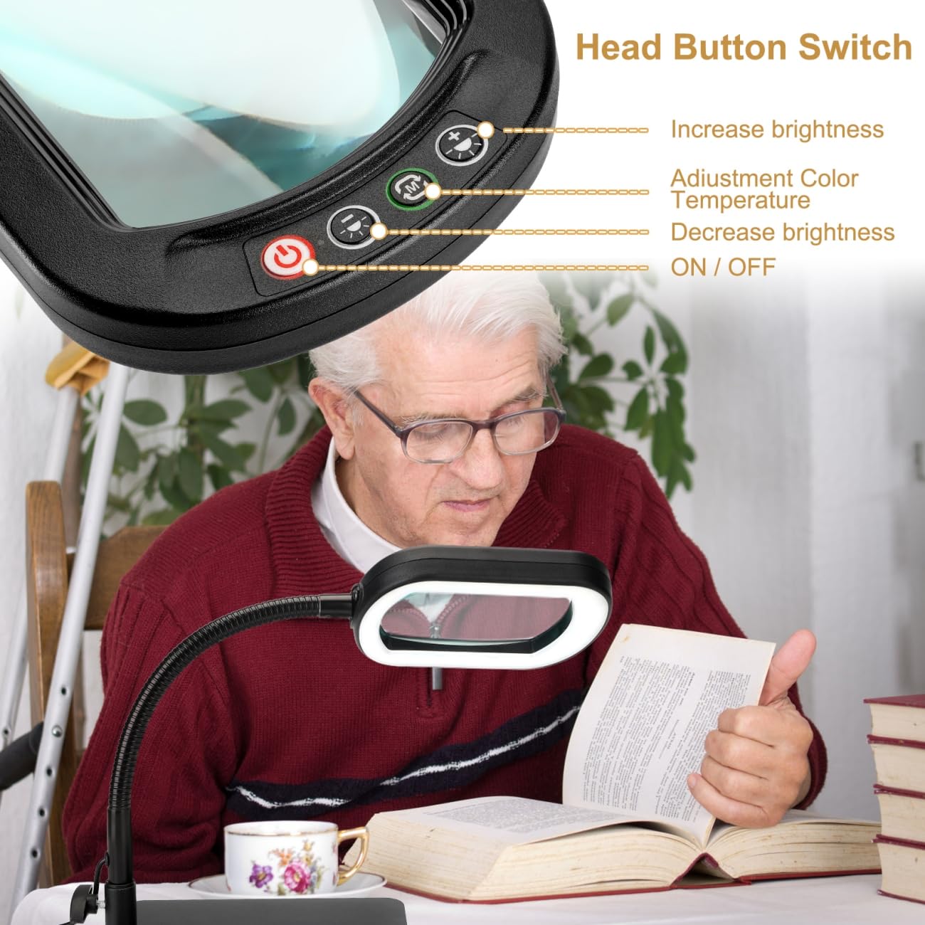 Veemagni 10X LED Magnifying Glass with Flexible Gooseneck, Black, Model GE602, Stepless Dimmable Light for Crafts and Close Work
