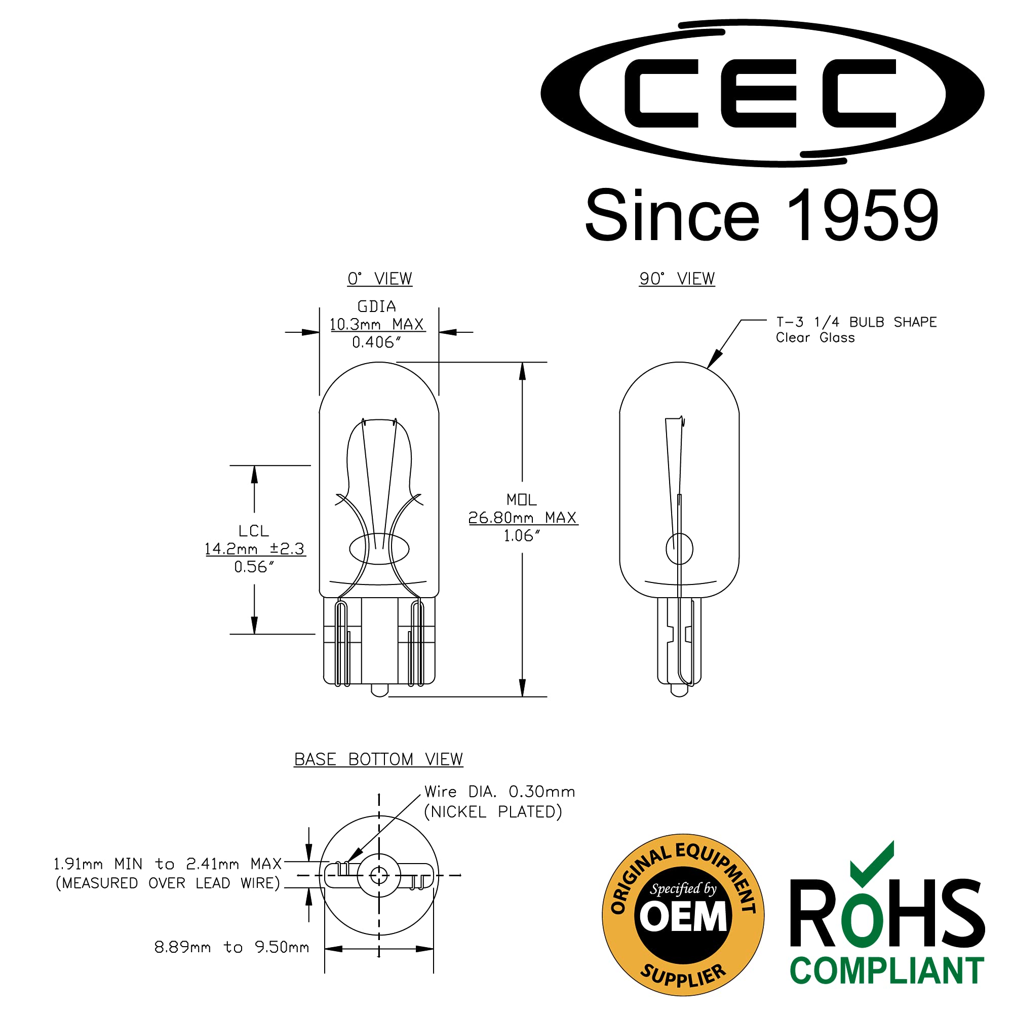 Cec Industries 194 Light Bulb 14V, 3.78W, T3.25 Shape, C-2F Filament, Glass Wedge (10-Pack)