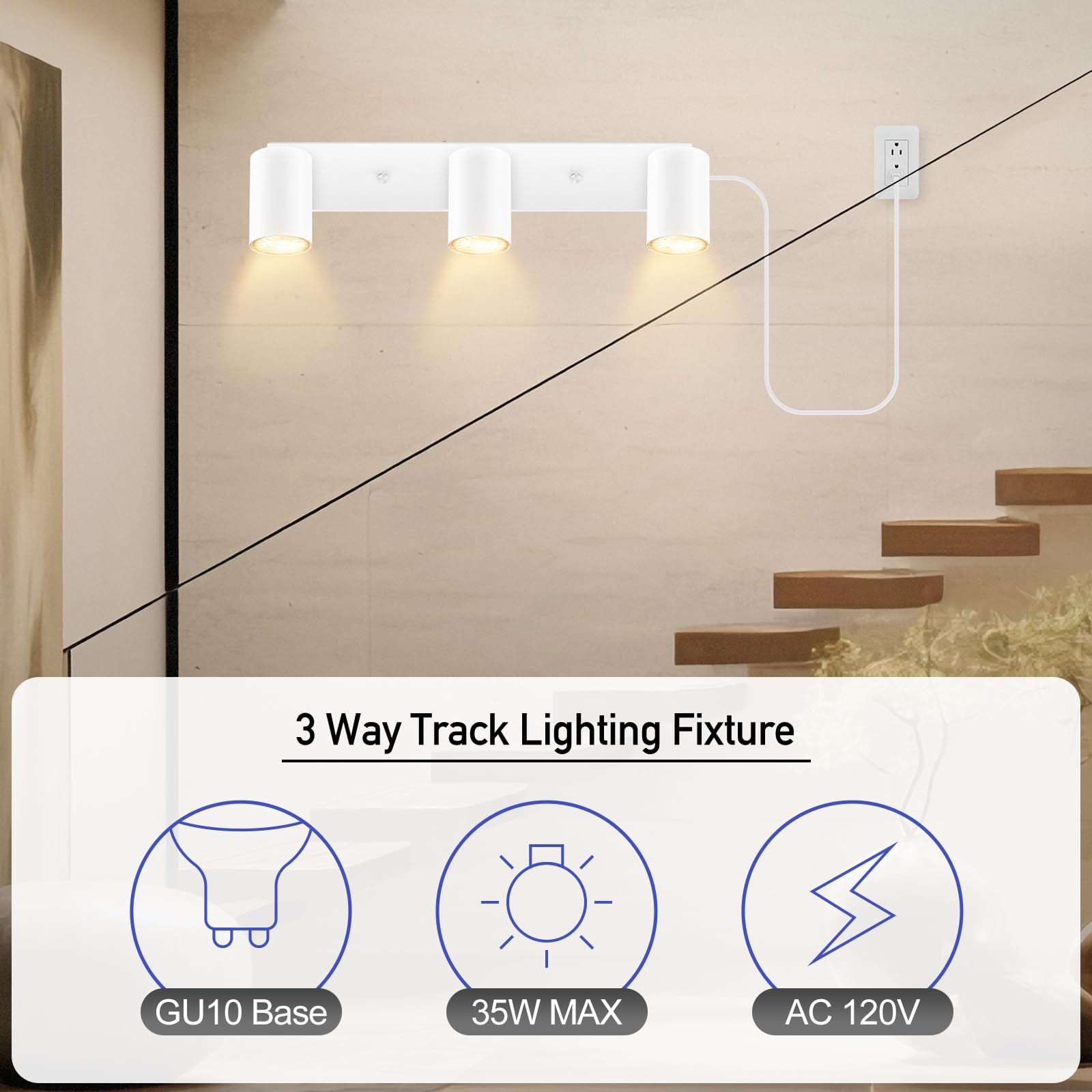 Plug In Track Lighting, 3 Light Ceiling Lighting Kit, White 3 Way Modern Wall Spotlight, 15 Ft Cord,Flexibly Rotatable Complete