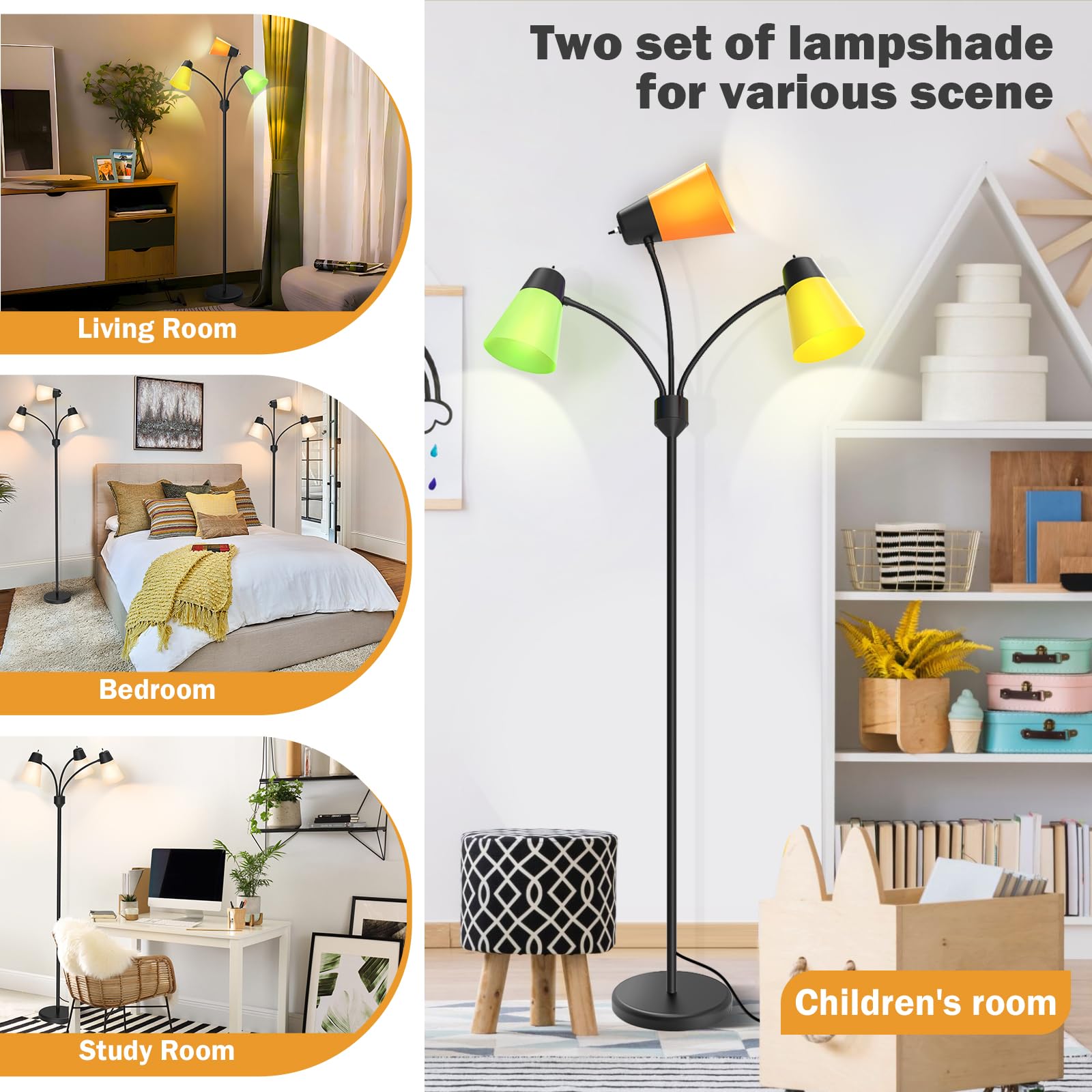 FOLKSMATE 3-Light LED Floor Lamp - Adjustable Arc Gooseneck Design for Living Room, Kid Room, Bedroom - Black, Model F107