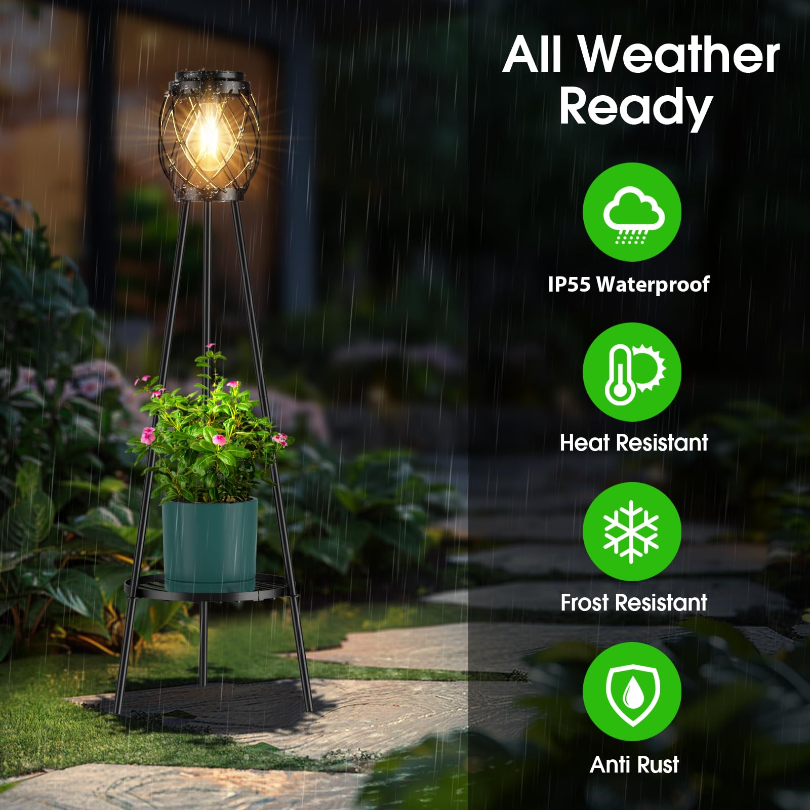 Mxwcy Solar Floor Lamp With Plant Stands,Solar Lights Outdoor With Vintage Led Edison Bulbs, Weatherproof Garden Lights For Path