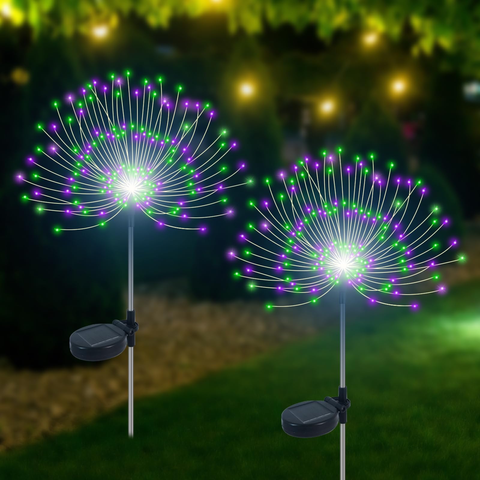 Slyuexu Solar Firework Lights, 120 LED, Waterproof, 2 Pack, Green + Purple, Model YF00016, Decorative Garden Décor