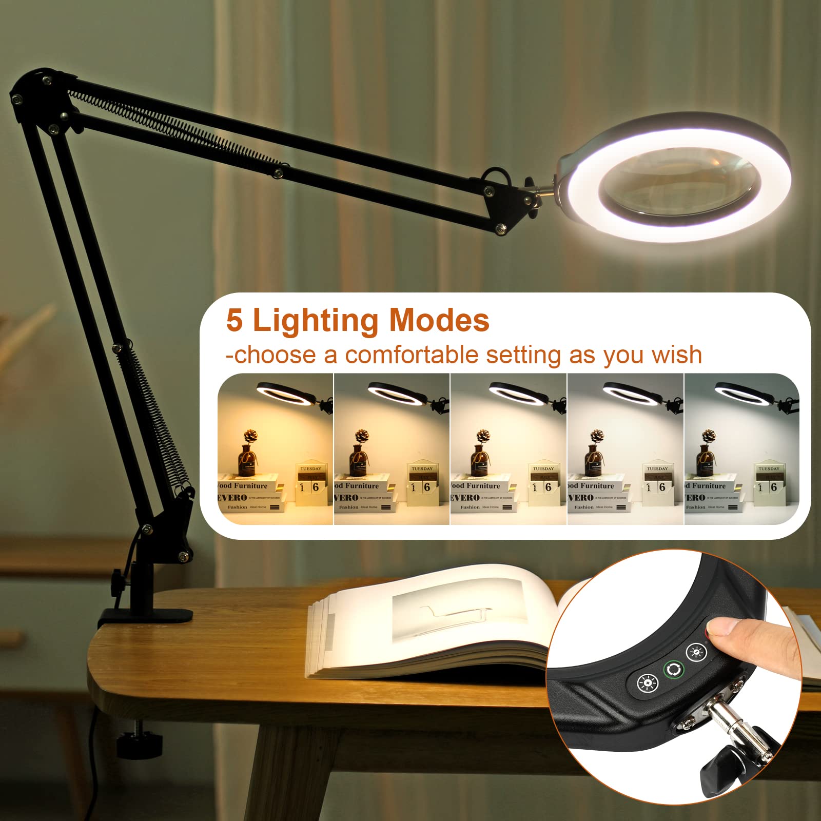 Veemagni 5 Inch Magnifying Glass With Light, 10X Magnifier, 5 Color Modes, Black, Model 5D8-018, Hands-Free Led Clamp Desk Lamp