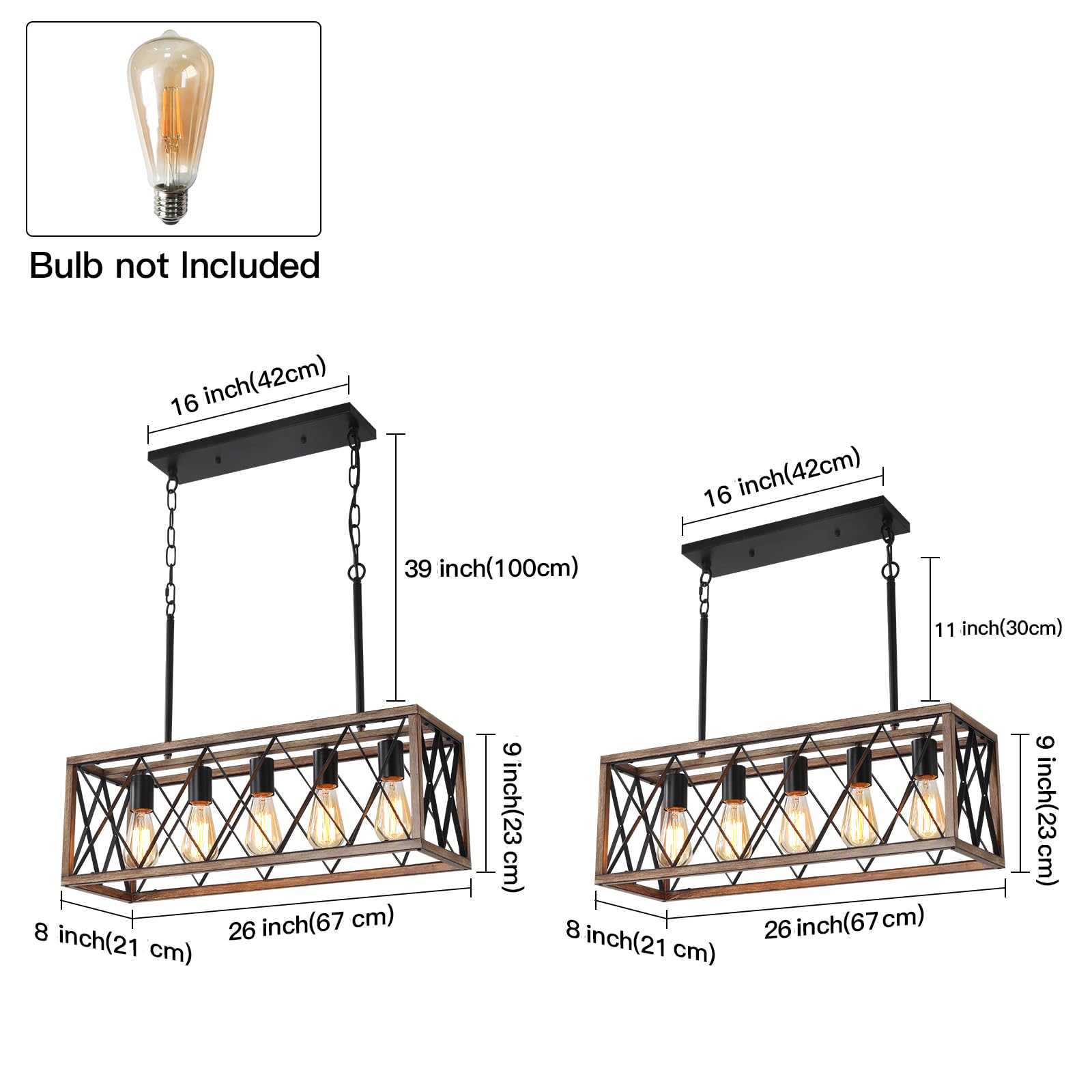 Keesfu 5-Light Dining Room Light Fixture, Farmhouse Kitchen Island Lighting,Adjustable Height Pendant Light, Rustic Linear Chandelier For Kitchen, Dining Room Table, Pool Table. (Wood Grain Color)