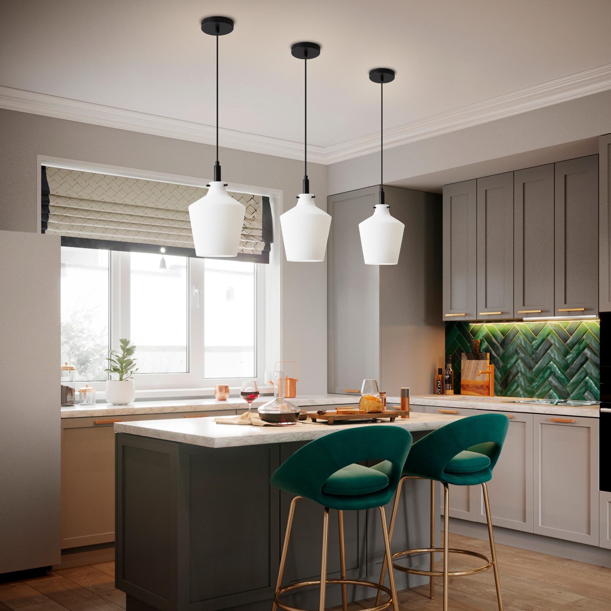 Vaziden Modern Milk Glass Pendant Lighting For Kitchen Island, Farmhouse Black Pendant Light Fixtures 1 Pack, Adjustable Hanging