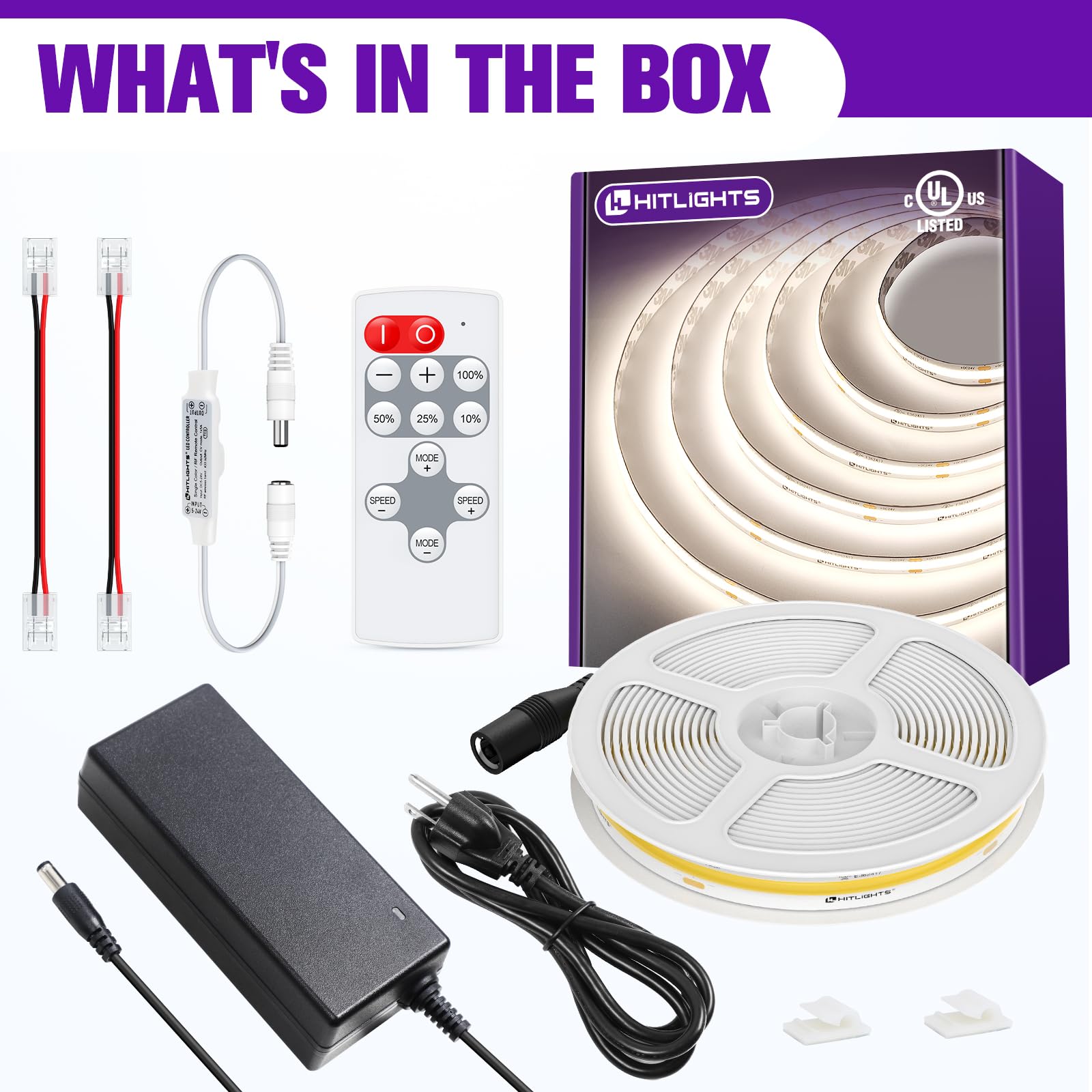 Hitlights Cob White Led Strip Lights Kit With Remote & 24V Power Supply  16.4Ft Dimmable Tape Light 4000K  2560Leds  350+ Lm/Ft  Ul Listed  Flexible Rope Lights For Bedroom  Kitchen  Cabinet Lighting
