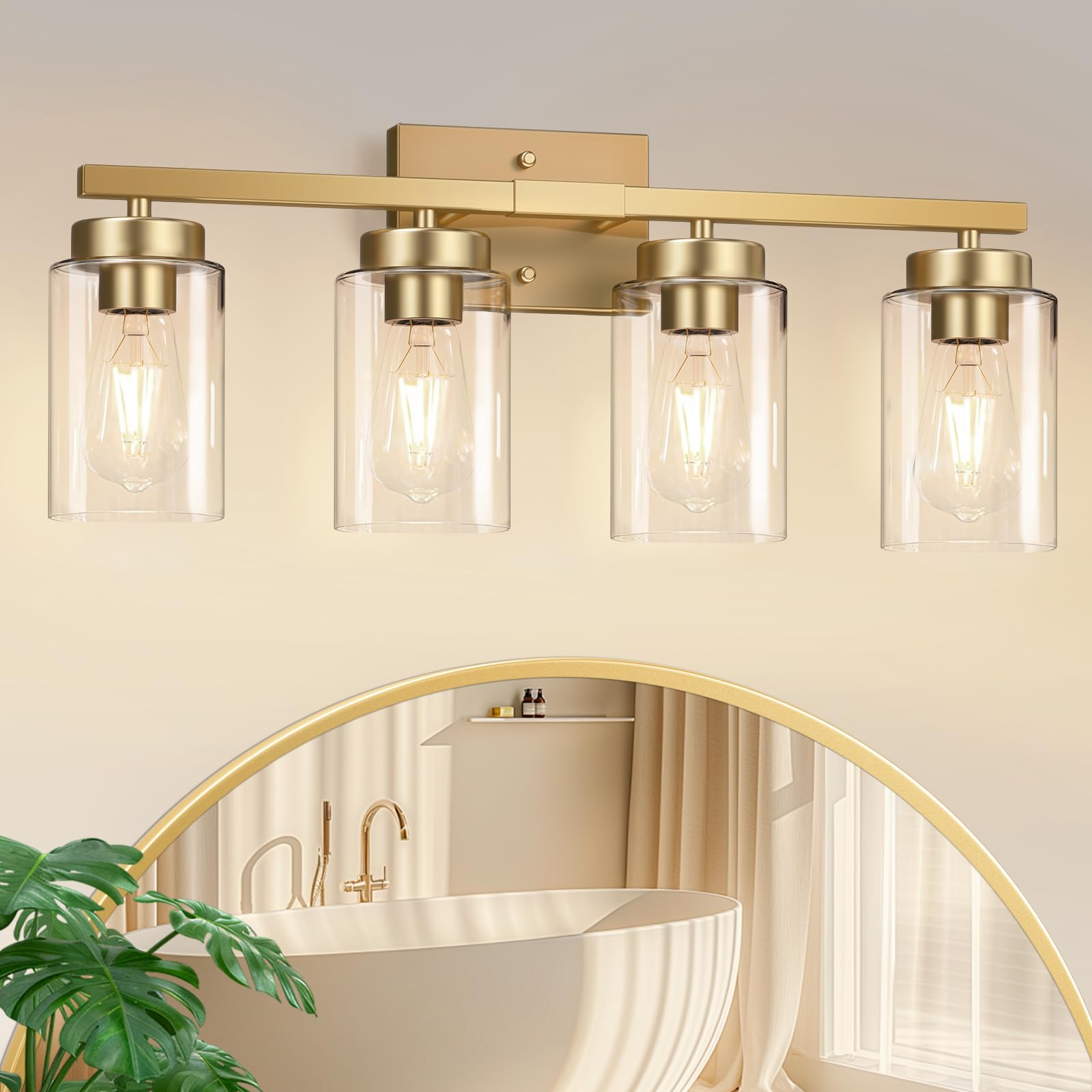 IZORRO Modern Bathroom Light Fixtures, 4 Light Brushed Gold Vanity Lights, Bathroom Lighting Fixtures Over Mirror with Clear Gla