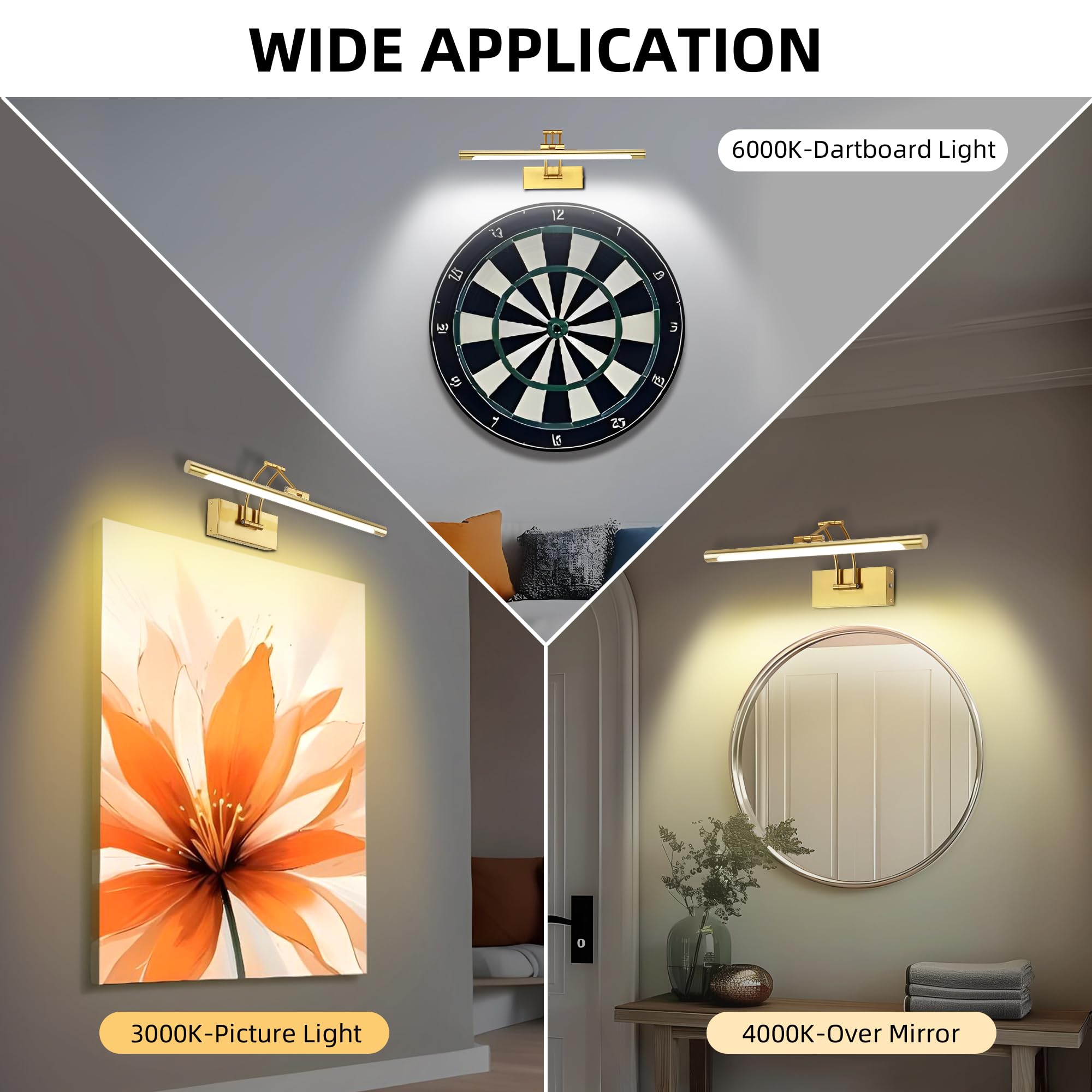 16 Picture Lights For Wall Battery Operated  Wireless Picture Light With Remote  Rechargeable Wall Light 3000K/4000K/6000K Dimmable  Art Lighting For discomfort-reducingtings Frame Gallery Dartboard Light  Brass