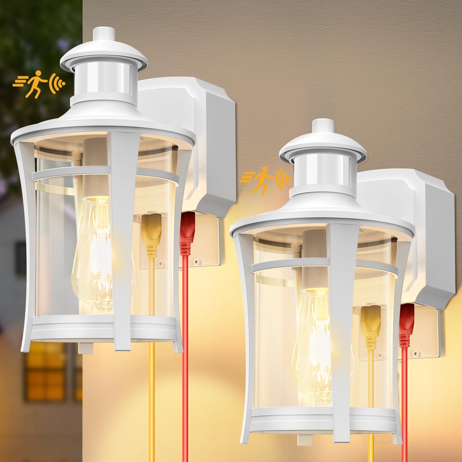 Porch Lights with Outlet,2 Pack Outdoor Motion Sensor Lights,Dusk to Dawn Exterior Light Fixture,White Anti-Rust Waterproof Outd