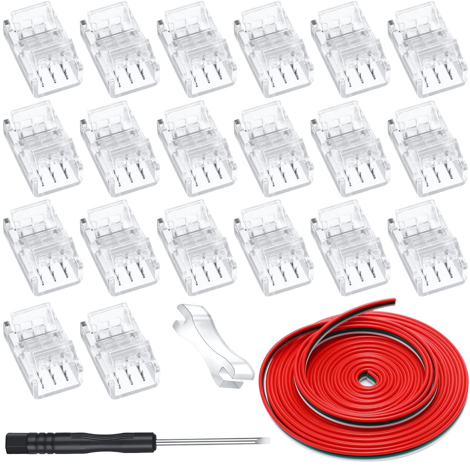 20 Pack 4 Pin 10mm Solderless LED Strip Connector Transparent Track Lighting LED Pin Connectors with Wire Strip 16.4ft for 5050(