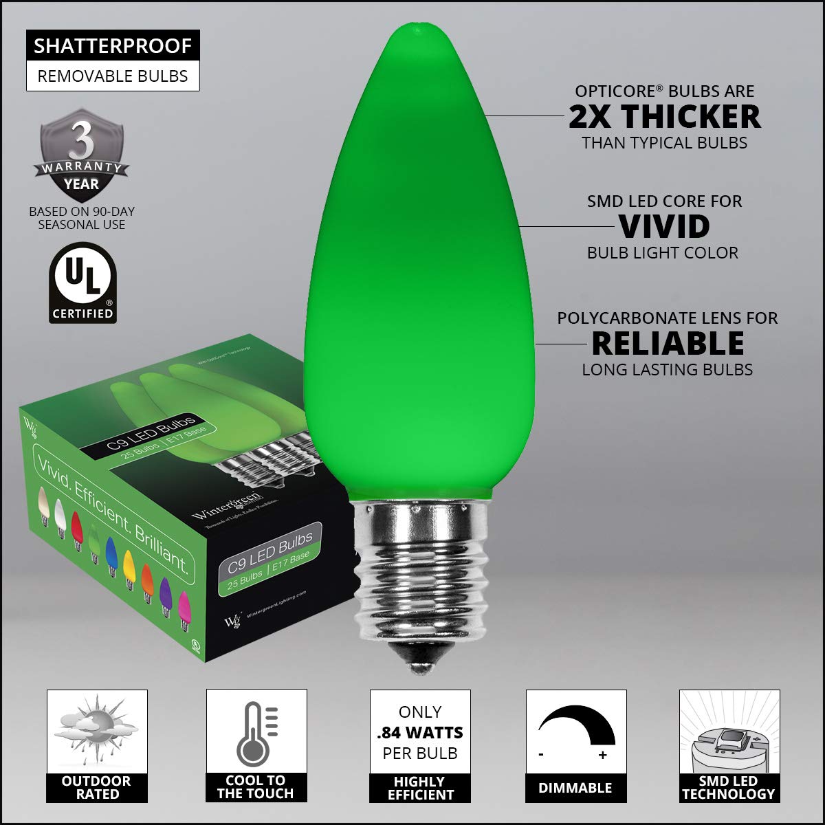 Wintergreen Lighting C9 OptiCore LED Christmas String Lights, 25 ft, 25 Lights, Green Smooth/Opaque, Heavy Duty, Model 0840052168866