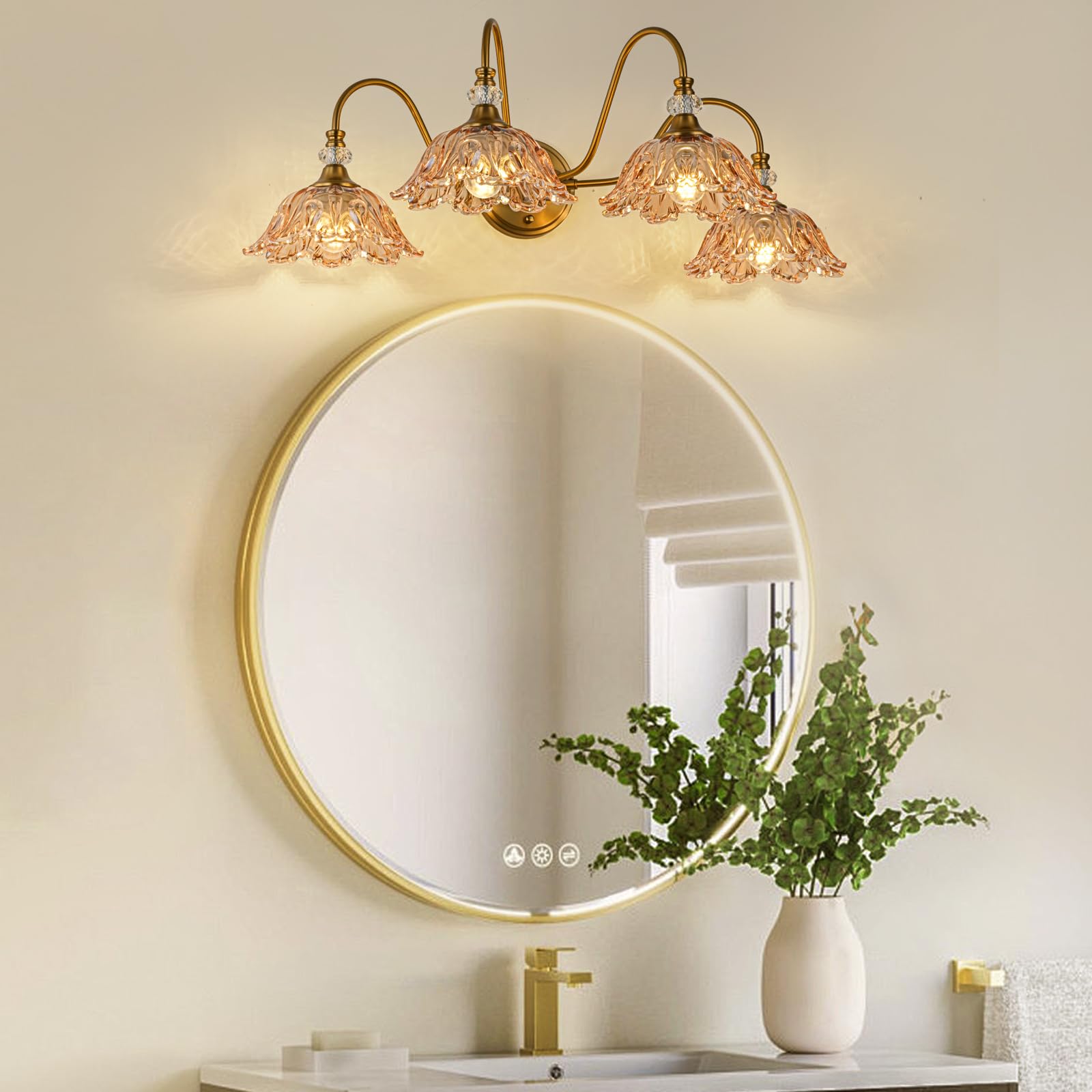 Sunkryster Vintage Bathroom Vanity Light  4-Light Matte Brass Finish Vanity Light With Floral Amber Glass Shades  Retro Wall Mount Lighting For Bathroom  Dressing Table