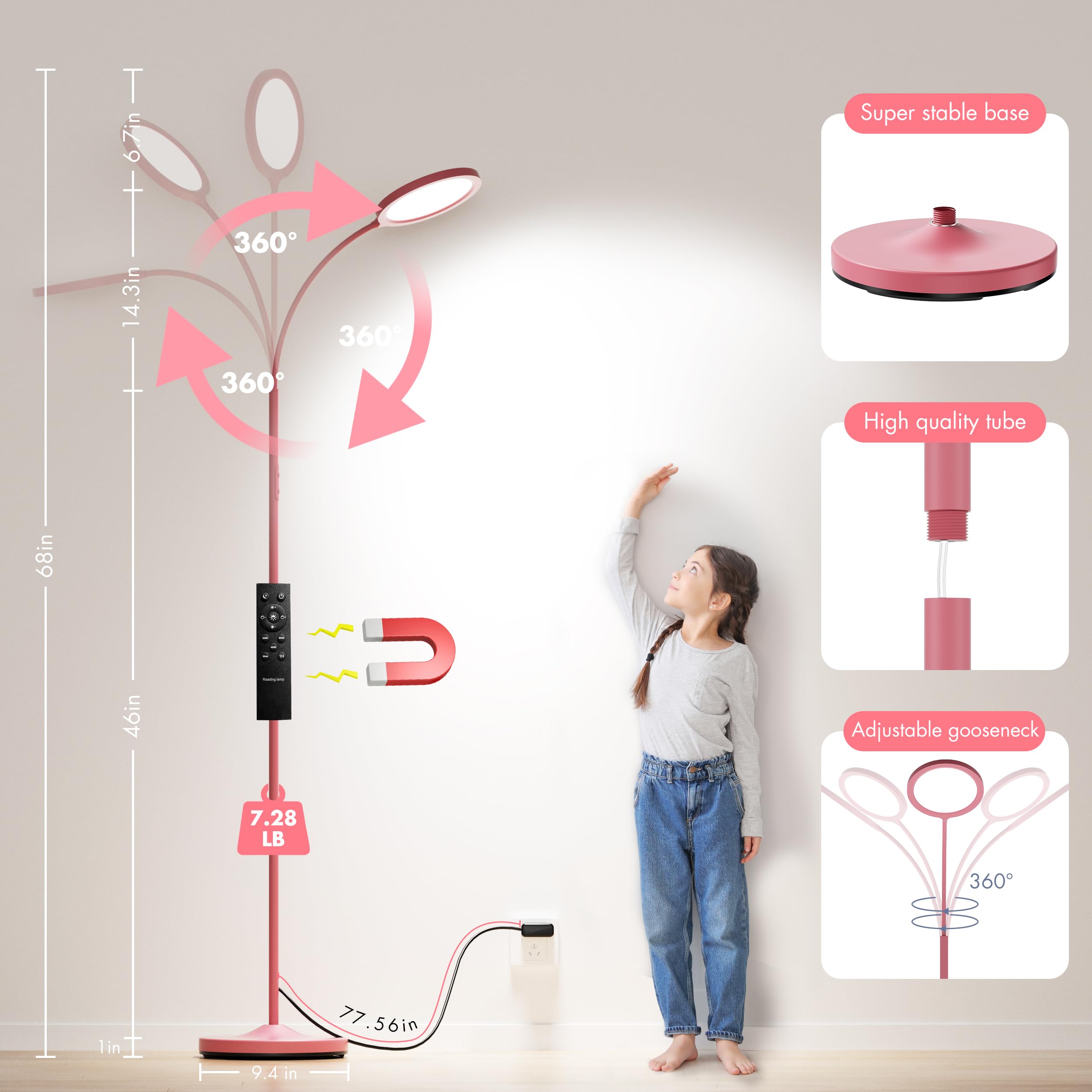 Luckystyle Pink Floor Lamp,Super Bright Dimmable Led Lamps For Living Room, Custom Color Temperature Standing Lamp With Remote Push Button, Adjustable Gooseneck Reading Floor Lamp For Bedroom Office