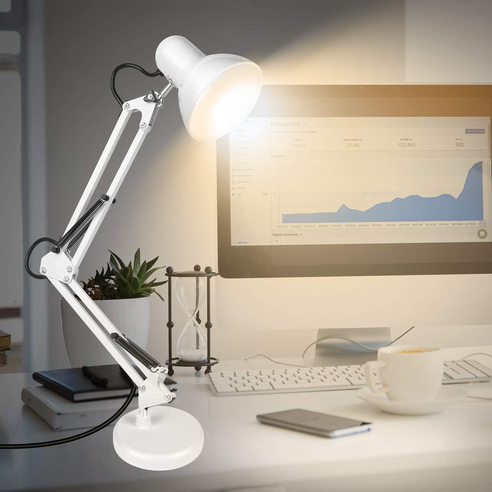 Ameritop Adjustable Metal Desk Lamp, Goose Neck Swing Arm, Eye-Caring, White