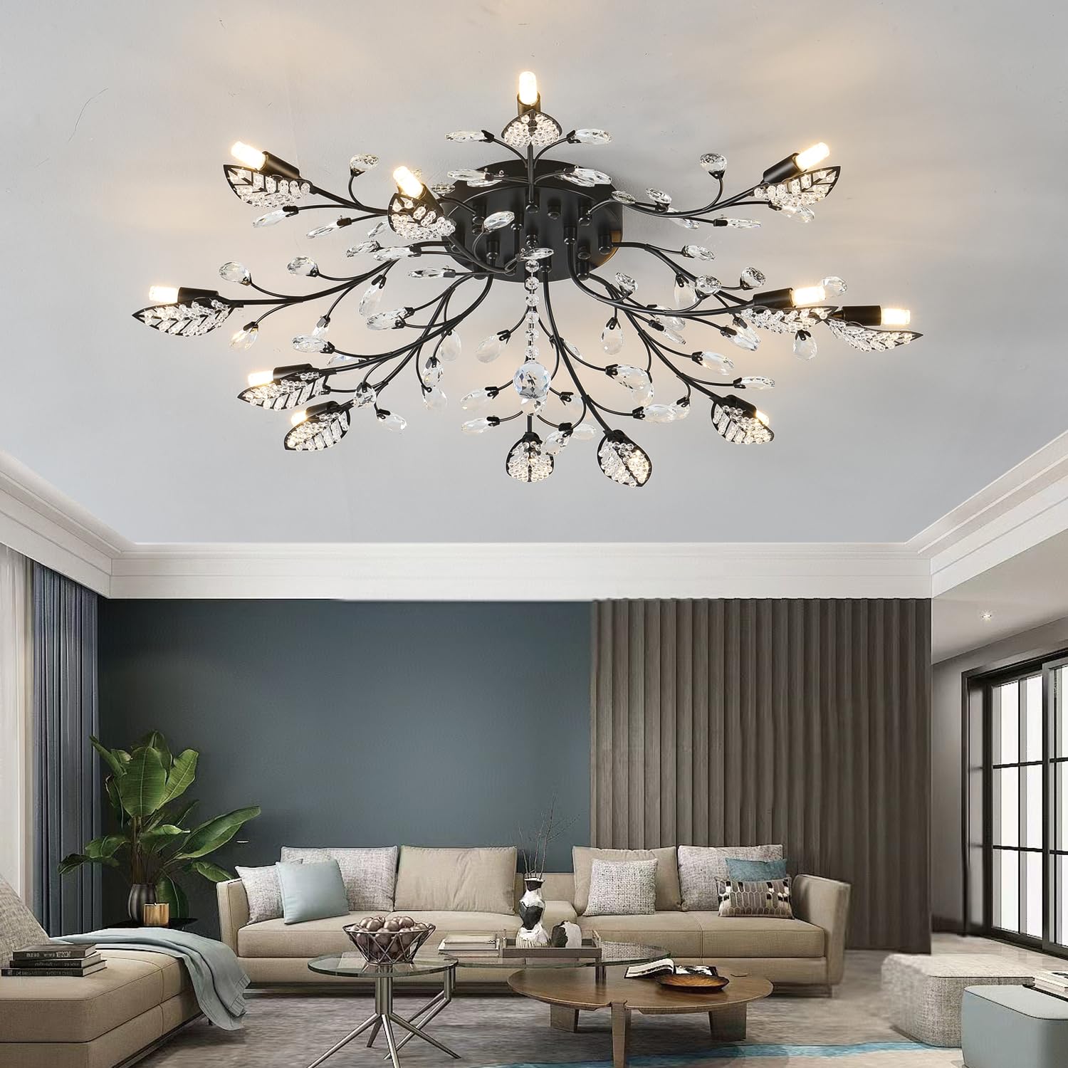 Modern Crystal Ceiling Light Fixture,Semi Flush Mount Chandeliers,Crystal Leaf Ceiling Light, Chandeliers For Dining Room,Living