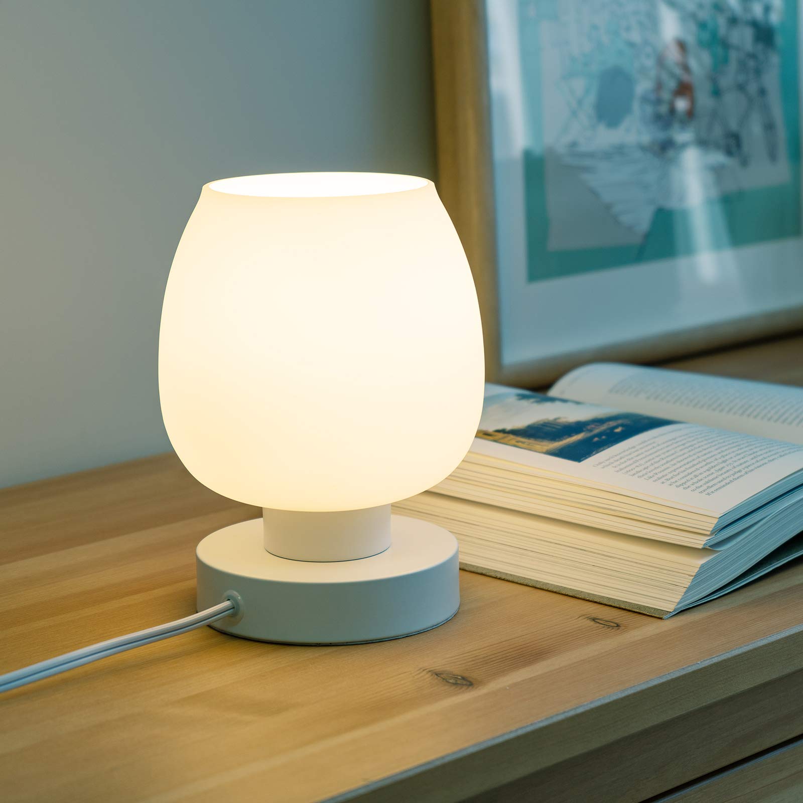 ONEWISH Touch Bedside Table Lamp Set of 2, USB Charging Ports, 3-Way Dimmable, Glass Shade, Model 13TAB004USC, White Opal
