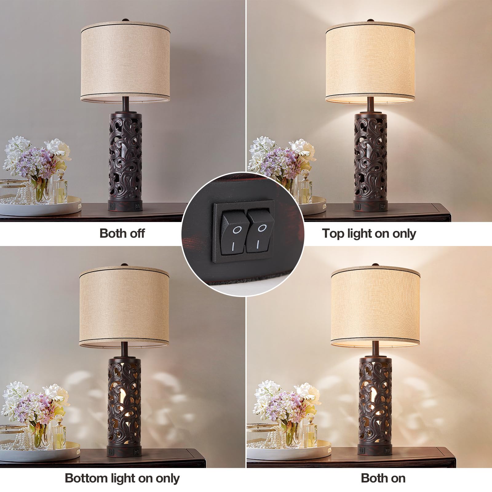 Aidenoey 28&quot; Brown Ceramic Table Lamps Set With Usb Ports & Fabric Shade, 2 Bulbs Included