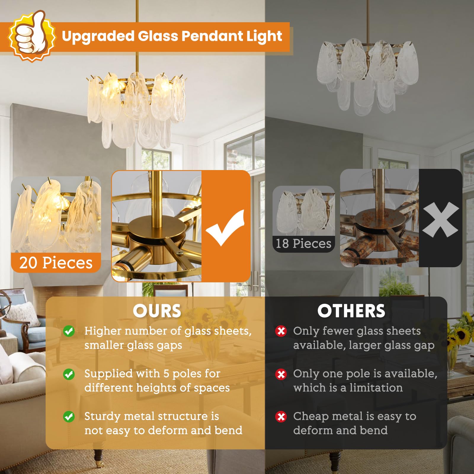 Modern Gold Cloud Glass Chandeliers, 15.7 Inches Creative Crystal Pendant Ceiling Fixture, 2 Tier Luxury Height Adjustable Chand