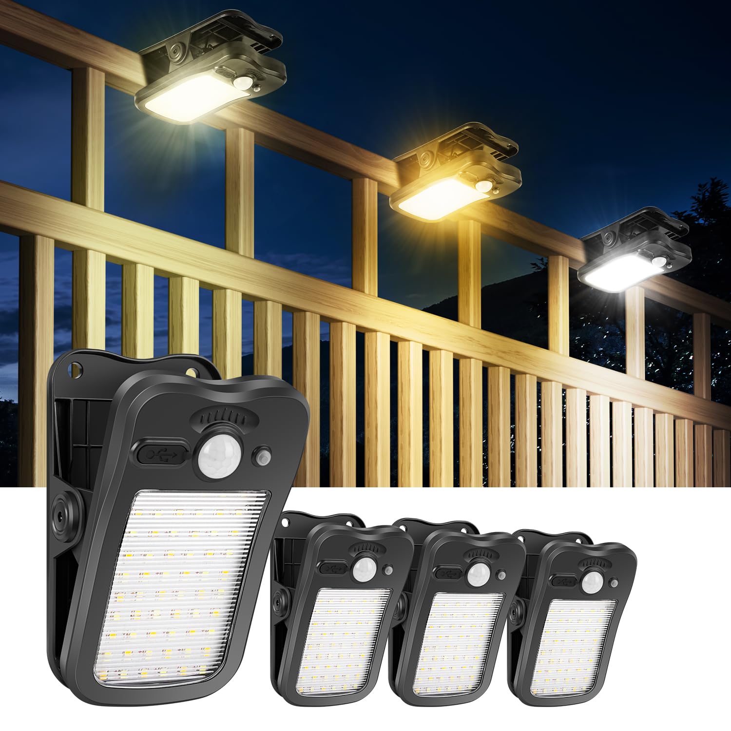 BlueYu Clip On Solar Motion Lights Outdoor, 800LM 3 Modes & 3 Color (3000K/5000K/6500K), USB Charging & Remote Control, Waterpro