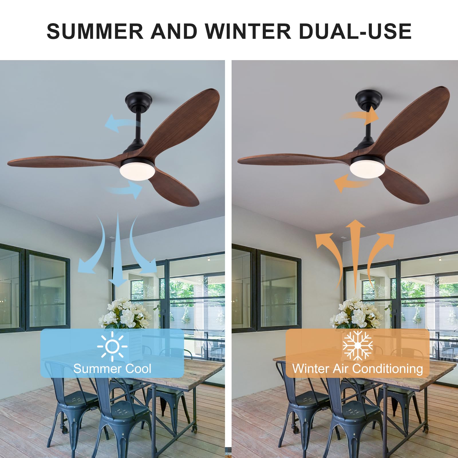 BOJUE 52 inch Ceiling Fan with Light, Dimmable LED, Walnut Wood Blades, Modern Indoor/Outdoor Ceiling Fan for Living Room and Patio