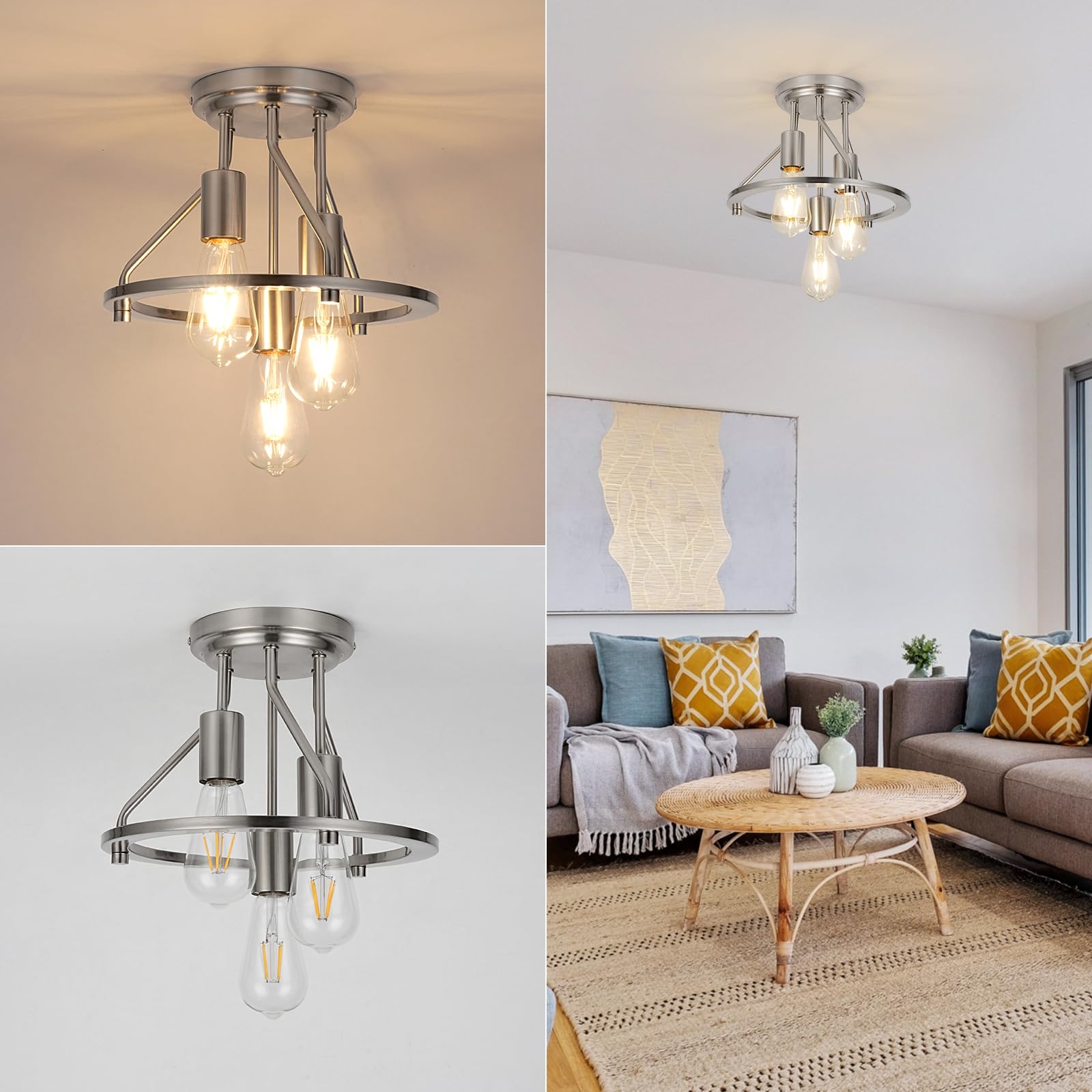 Wilon Brushed Nickel Semi Flush Mount Ceiling Light - 3-Light Ceiling Light Fixtures Farmhouse Kitchen Light Industrial Hallway