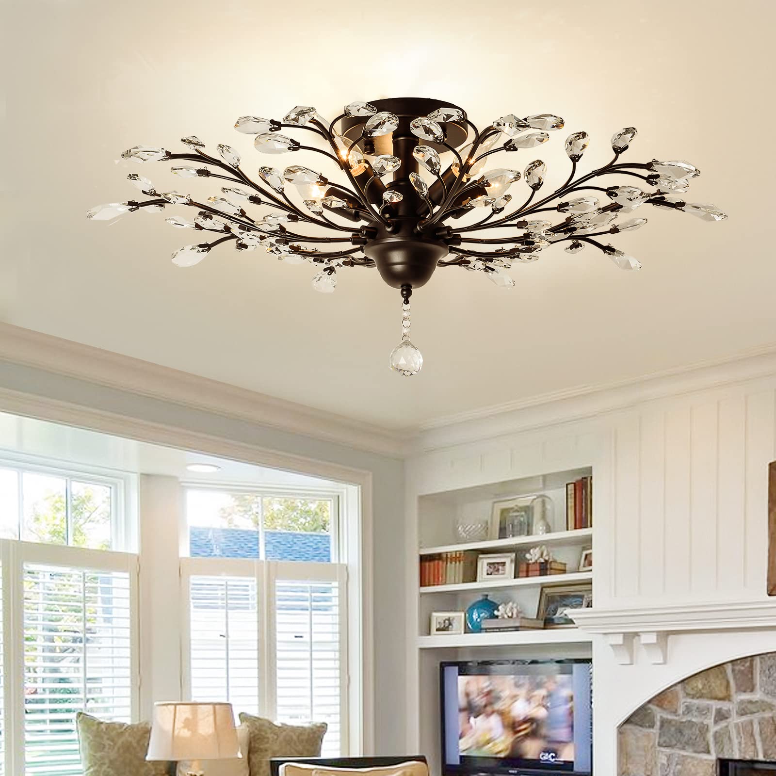 Garwarm 5-Light Vintage Crystal Chandelier Pendant Light Fixture, Black Iron for Living Room, Bedroom, Restaurant, Porch