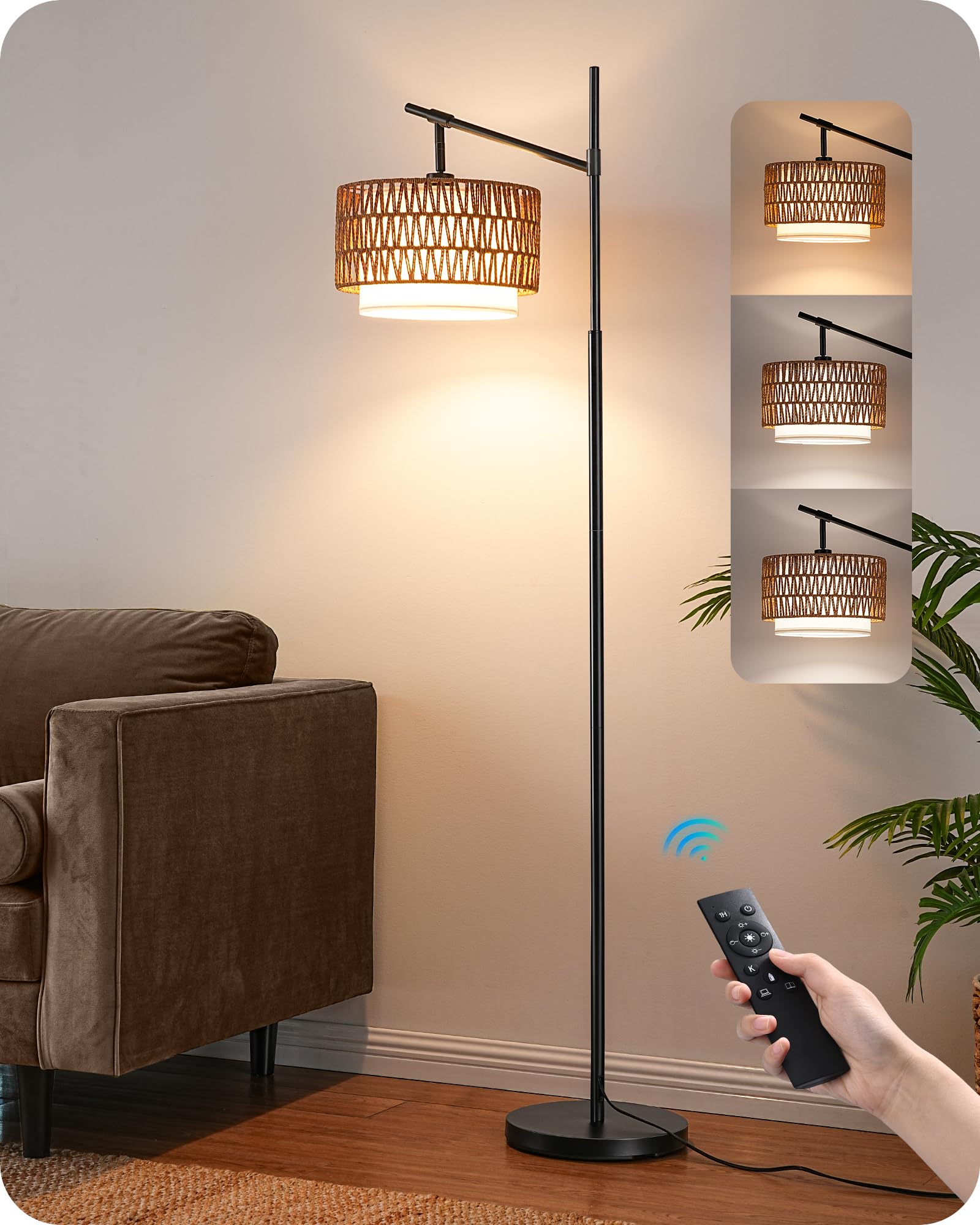 EDISHINE Arc Dimmable Floor Lamp with Rattan & Fabric Shades, 5 Color Temperatures, Adjustable Boho Standing Lamp with Remote, B