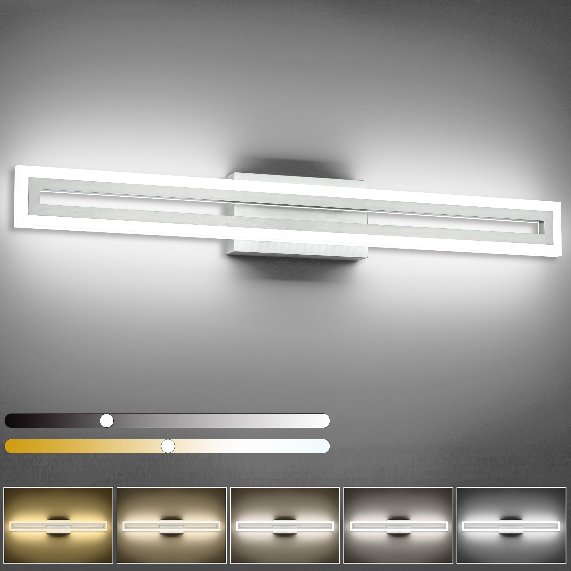 SOLFART Bathroom Lighting Fixture LED Vanity Light 32 Inch Brushed Nickel 5CCT Adjustable Color & Brightness Model S8300-810mm