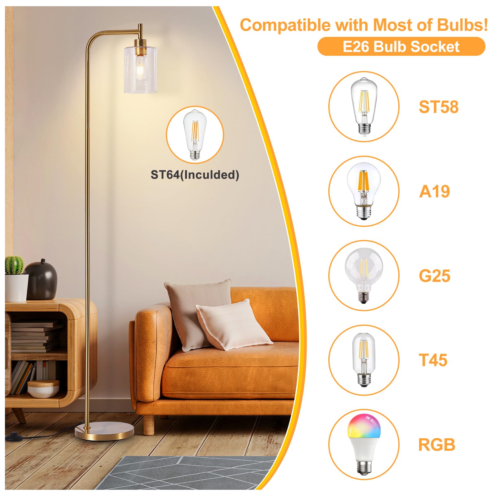 DINGLILIGHTING Floor Lamp - Gold Metal with Seeded Glass Shade, Modern Design, Includes 8W LED Bulb, Model WSFLL005-G-3