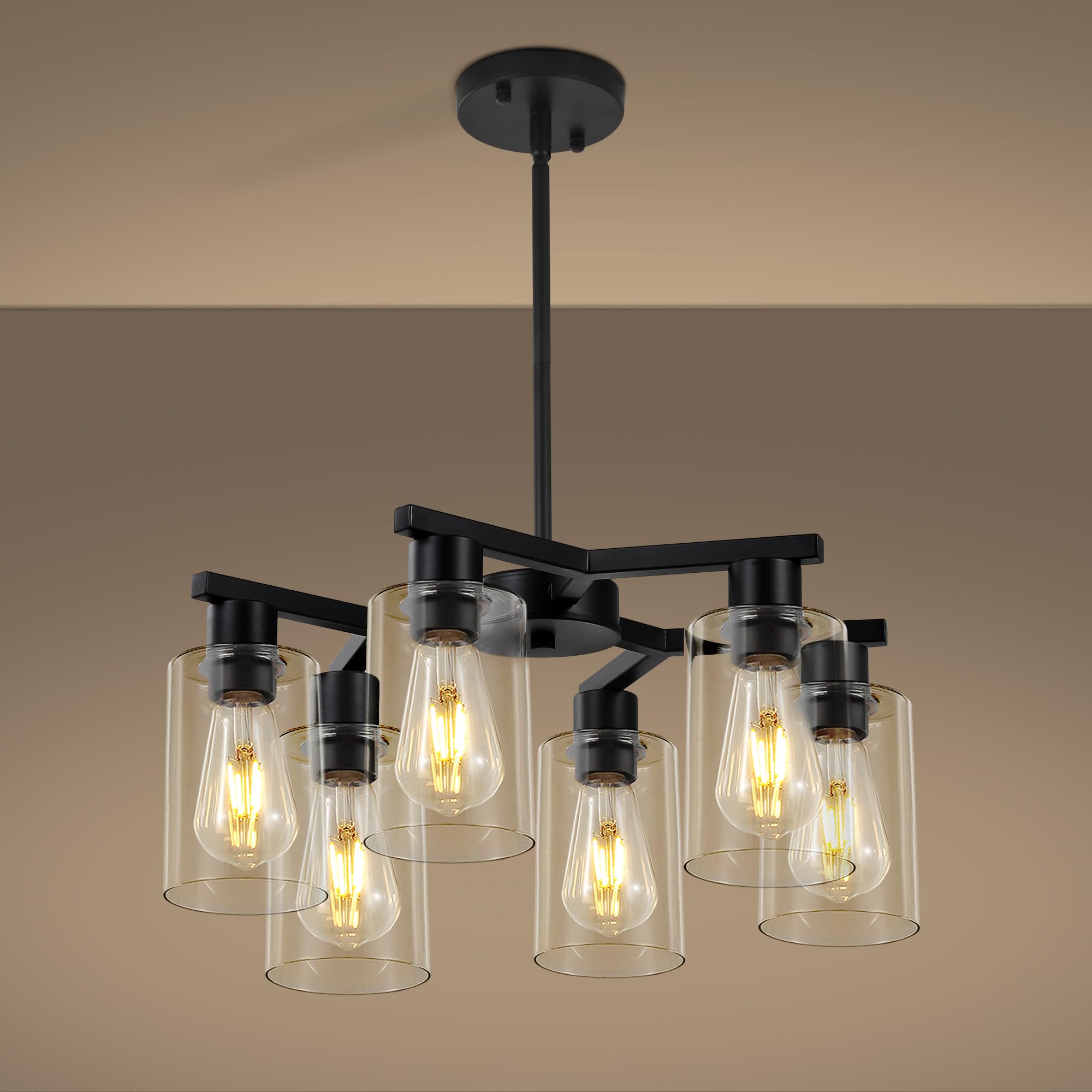 6-Light Black Modern Farmhouse Chandelier for Dining Room Ceiling Light Fixture with Clear Glass Shades  Adjustable Hanging Industrial Pendant Lighting for Living Room Kitchen Island Bedroom Entryway