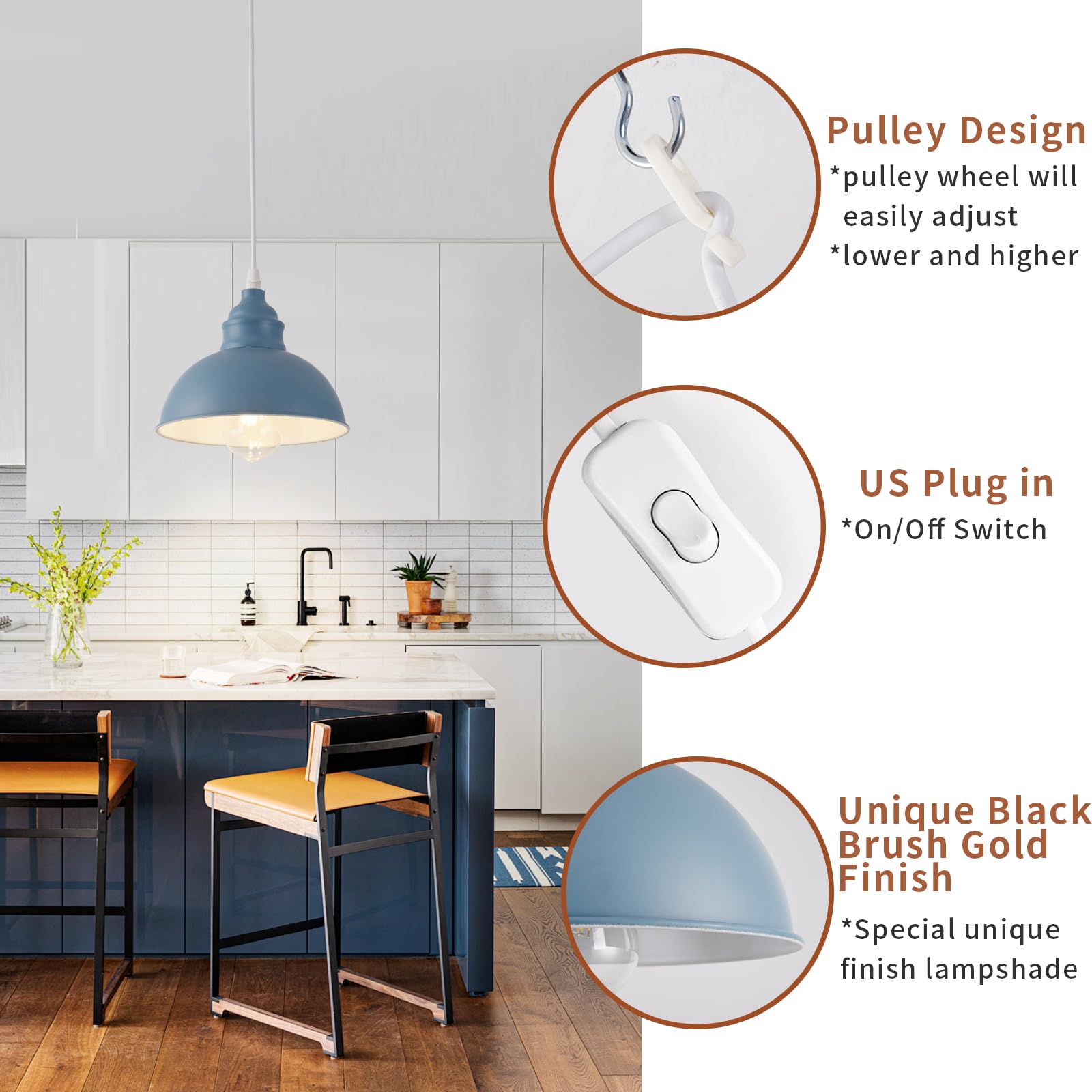 SoodMi Plug-in Pendant Light, Industrial Metal Hanging Lamp with On/Off Switch, 15FT Cord, Blue, Model PDL-012