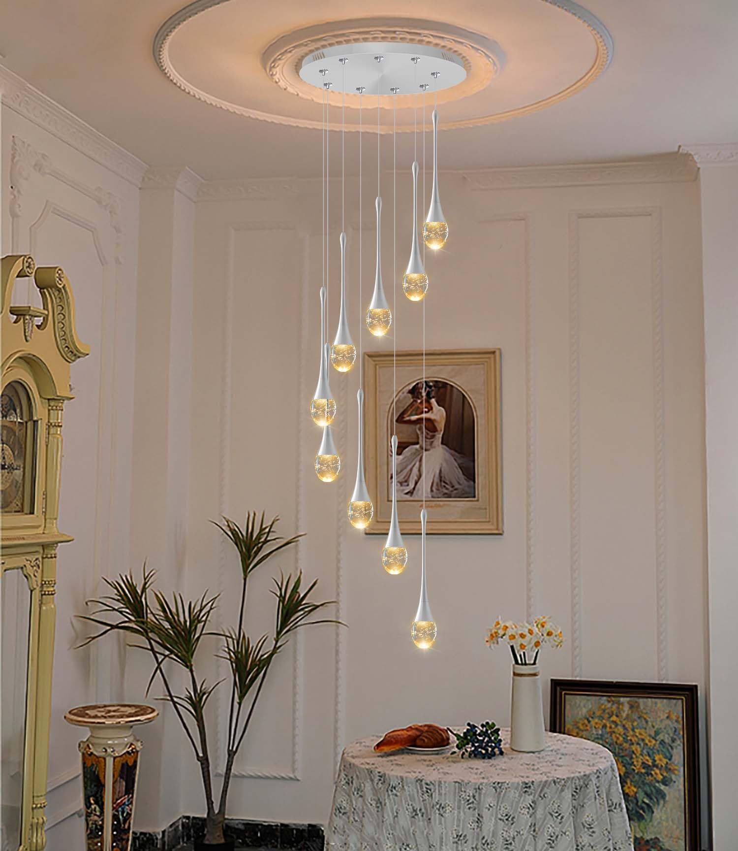ykolupty Modern 9-Lights Silver Chandelier - Dimmable LED, High Ceiling Crystal Fixture