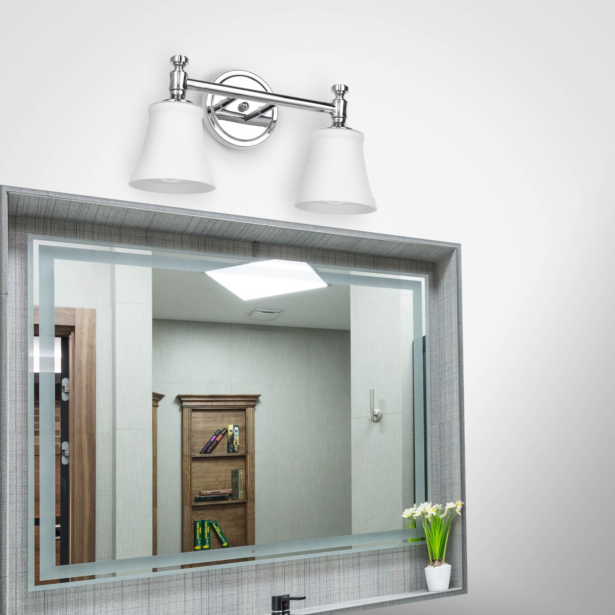 Hanaloa Bathroom Vanity Light Fixtures, Traditional Chrome 2 Lights Wall Sconce Lighting With Opal Glass Shade, Porch Wall Mount Light Fixture For Bathroom, Mirror Cabinets Hallway Stairs
