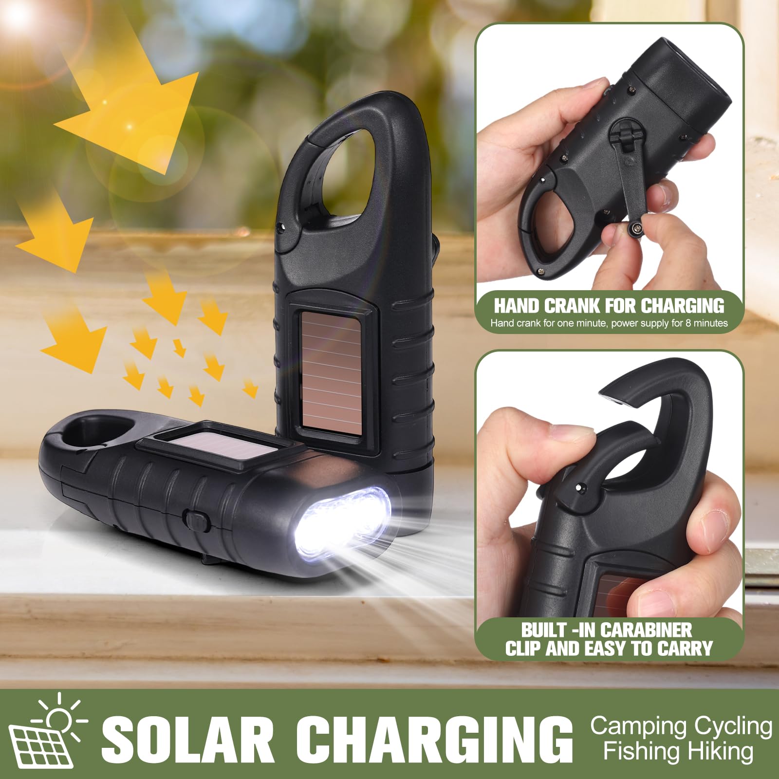 Mudder Hand Crank Solar Powered Flashlights - 6 Pcs Emergency LED for Outdoor Sports, Camping, Hiking - Green/Black, Model CL-Mudder-4655