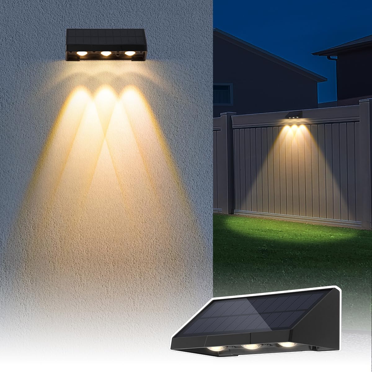 Solar Wall Lights Outdoor, 3 Led Lenses Fence Lights Solar Powered Outdoor Waterproof Warm White, Dusk To Dawn Exterior House Nu